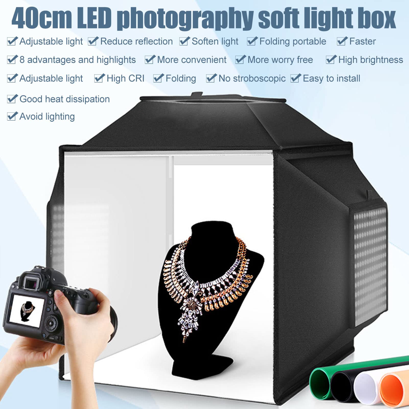 Light Box LED 30 Cm Per Foto – Kit Studio Portatile Con 3 Luci E 6 Sfondi, Per Gioielli E Piccoli Oggetti
