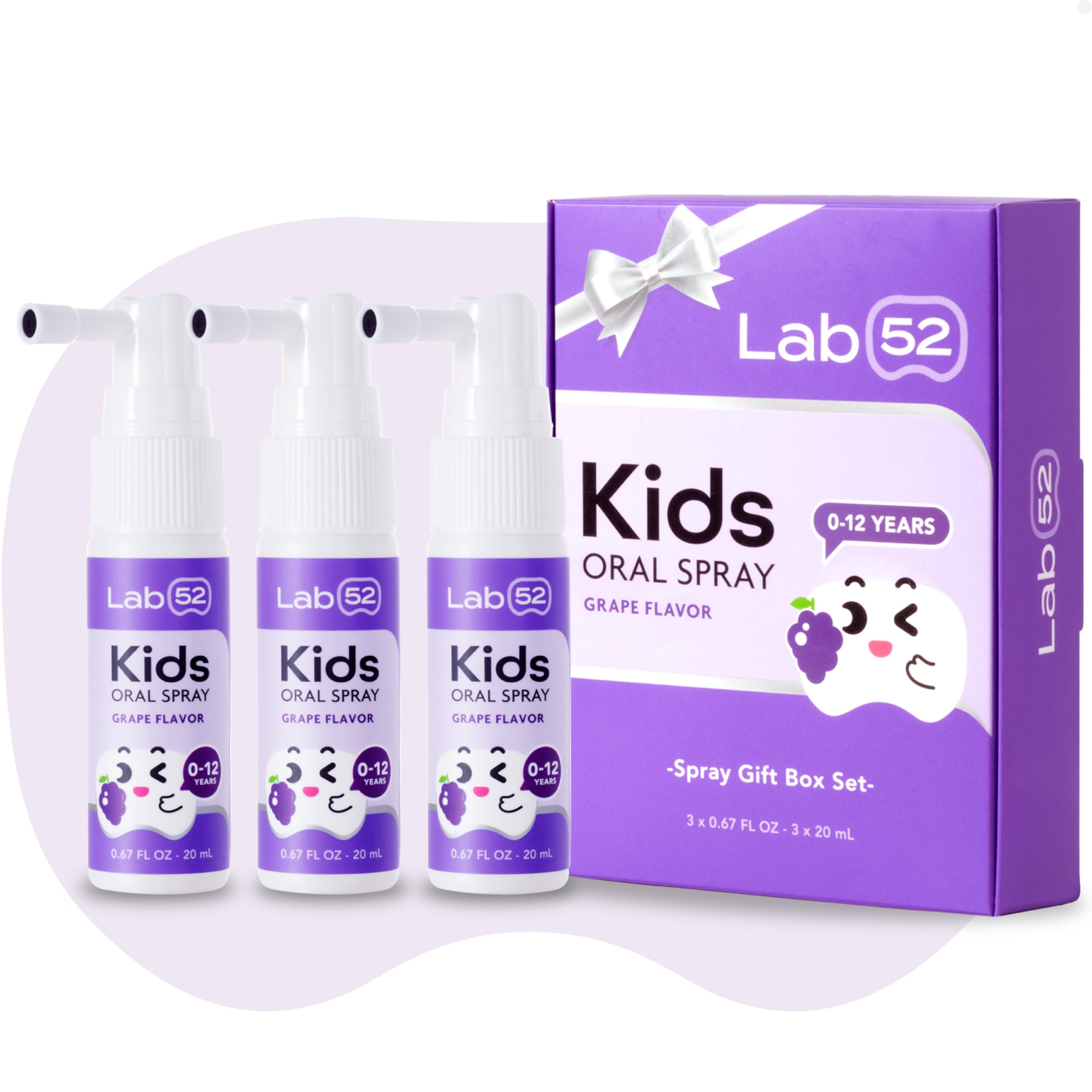 LAB52 Kids Oral Spray Gift Box, Toddler Toothpaste Helper for Daily Oral Care and Fresh Breath, Children Approved with Fluoride Free for Newborn to Preschoolers, Xylitol Grape Flavor (3 Packs)