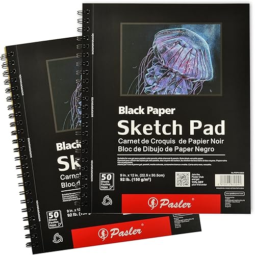 Pasler Bloc de dibujo negro de 9 x 12 pulgadas, paquete de 2, 100 hojas (92 libras5.29 ozm), cuaderno de bocetos para artistas encuadernado en