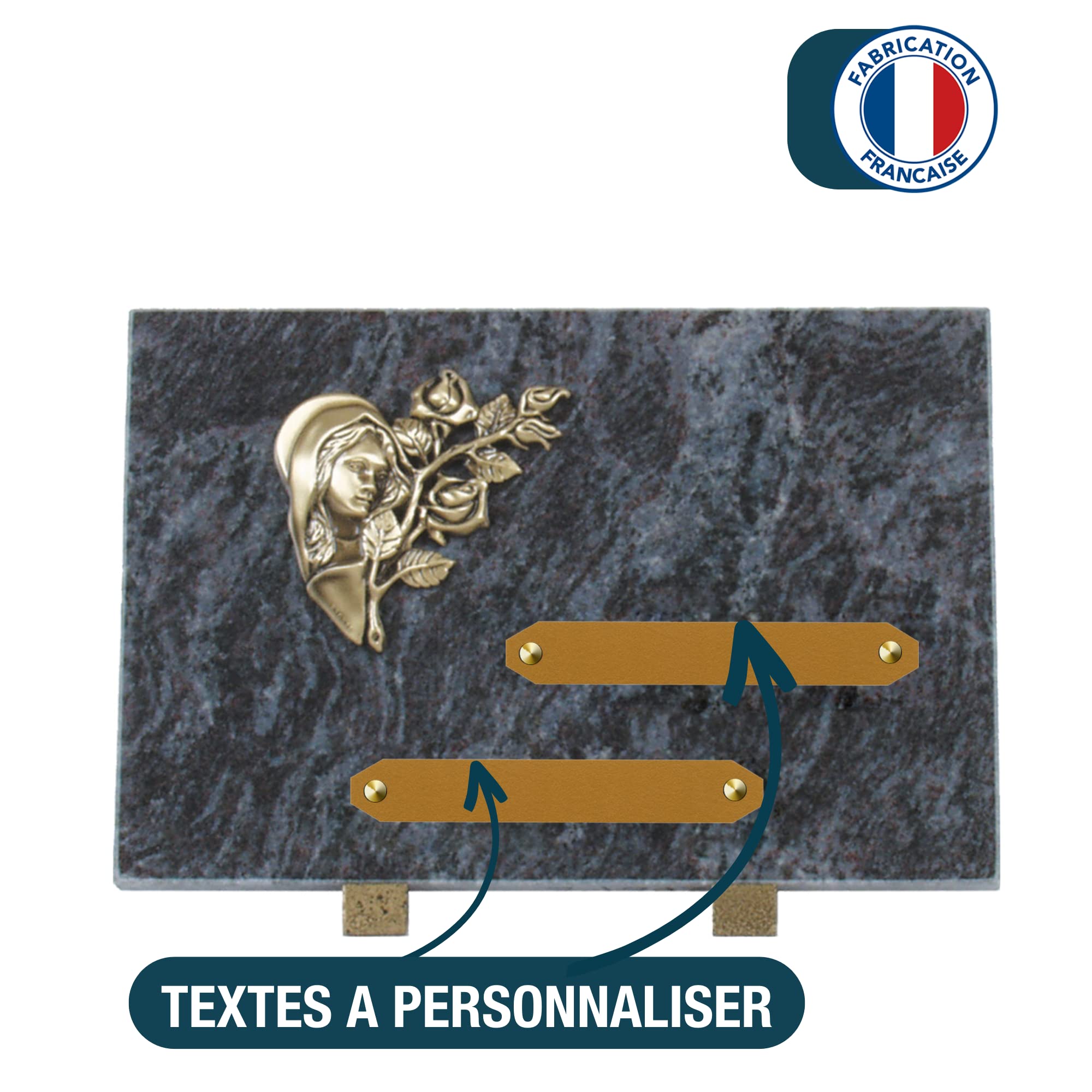 Plaque funéraire personnalisée - Granit - assemblée en France - bronze Vierge Marie - H 20 X L 30 cm - 2 textes