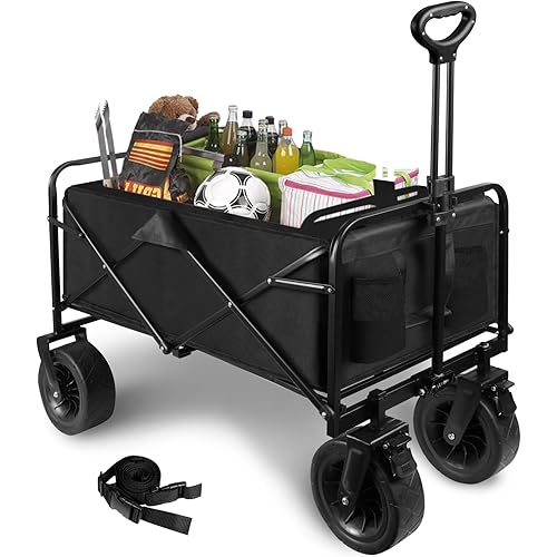 Collapsible Outdoor Utility Wagon Folding Garden Cart with 8-Inch Off-Road Wheels, Adjustable Handle & Cup Holders for Camping, Picnic