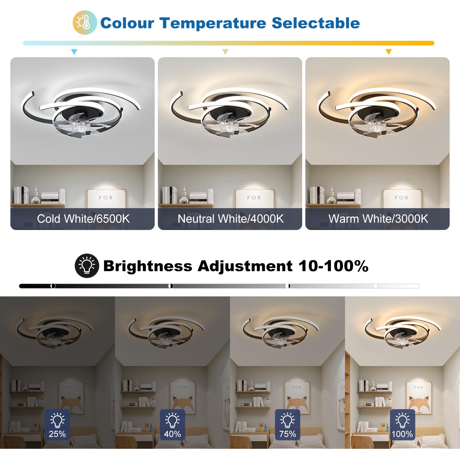LED-Beleuchtung mit stummem Deckenventilator 45 W Deckenleuchte mit Ventilatorlicht, App und Fernbedienung, kreative Form Acrylschirm (weiß) Wohnzimmer Schlafzimmer Küche (weiß)