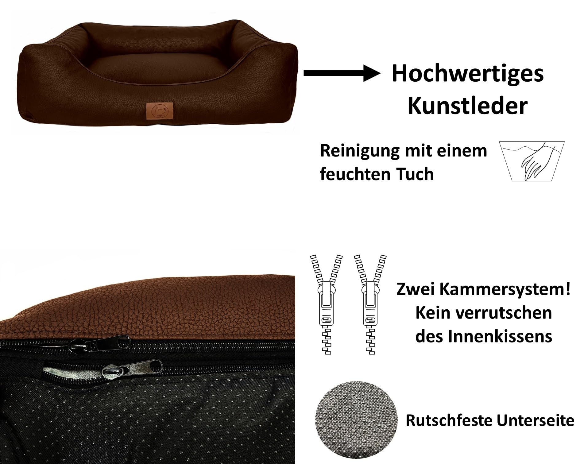 elropet Hundebett orthopädisch aus hochwertigem Kunstleder Milano XS/S/M/L/XL kleine Hunde große Hunde Hundekorb (Dunkelbraun, M (90x75x22cm))