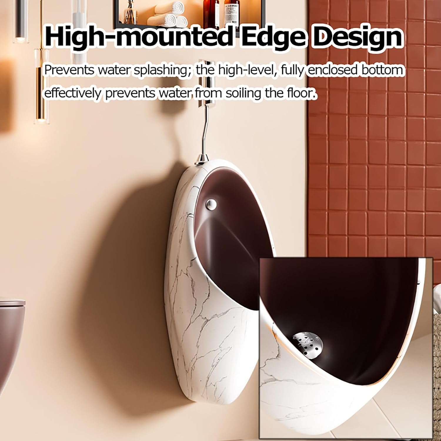 Wall Mounted Urinal for Men, Ceramic Smart Automatic Sensor Flush Urinal with Waterfall Rinsing, Modern Integrated Design Mens Urinal for Home, Bathroom, Hotel, Office(Red)