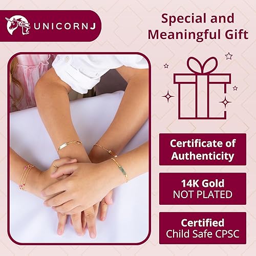 Miniatura 4 de UNICORNJ Pulsera de identificación de oro de 14 quilates grabable para niñas, niños y bebés, pulseras personalizadas con nombre de cadena Figaro