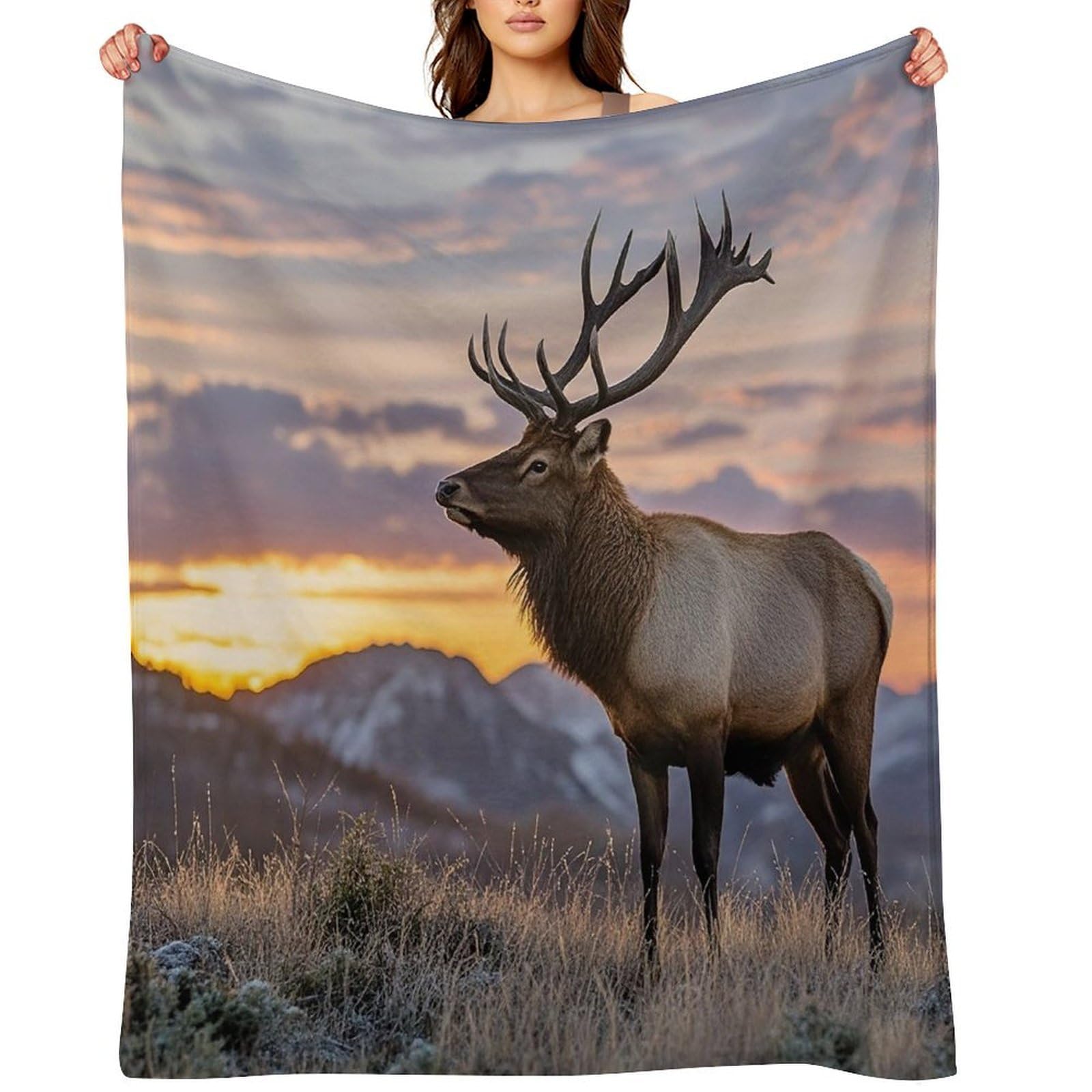 Red Deer Bull Elk Sunset Throw Blanket for Couch and Bed Super Soft Warm Lightweight Throw Blankets Cozy Fuzzy Flannel Blanket Personalized Decorative Blankets for Sofa Decor 60"x80"