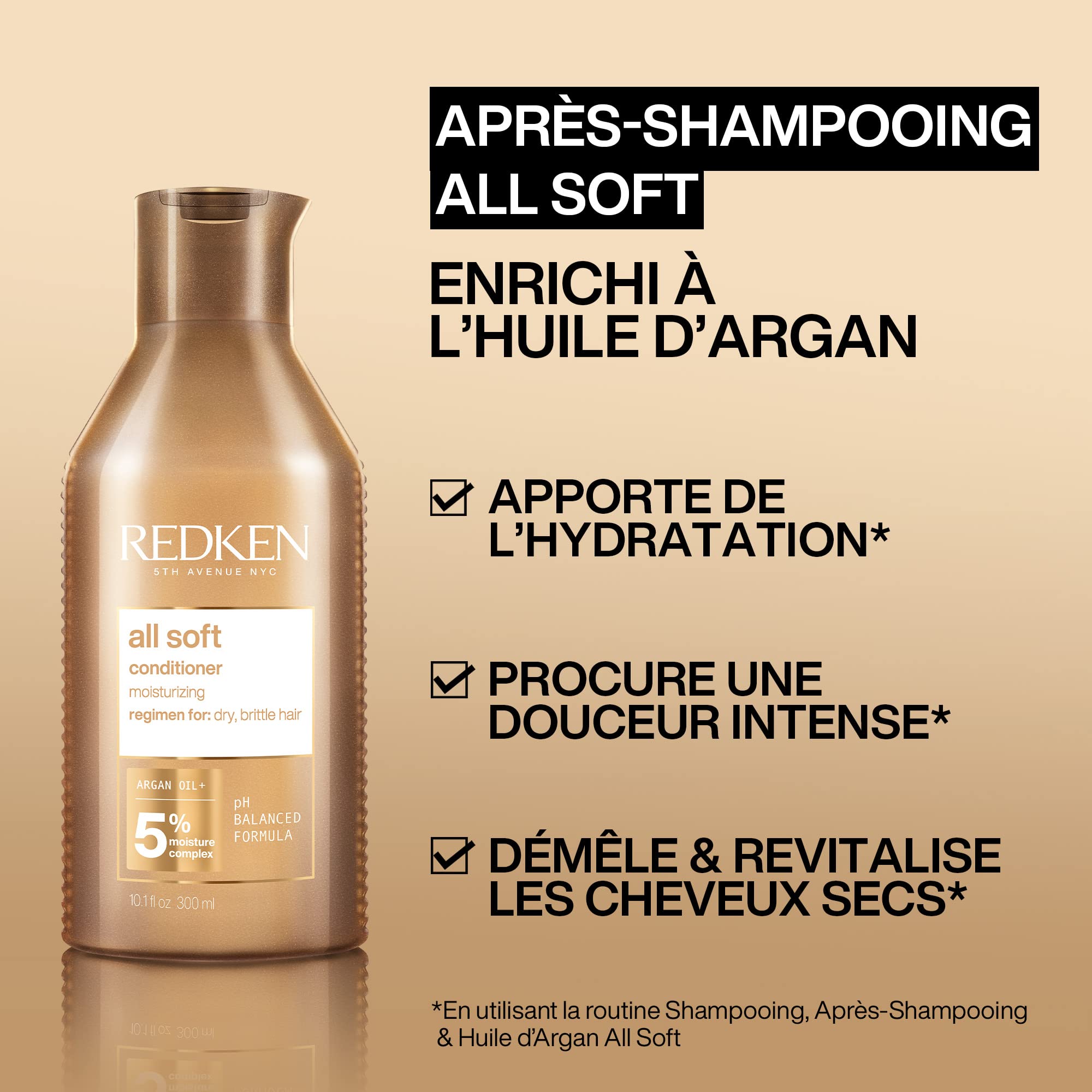 Redken, Routine Hydratante pour Cheveux Secs à Très Secs, Colorés ou Naturels, Nourrit & Renforce la Fibre, Souplesse et Douceur, Huile d'Argan et Oméga 6, All Soft