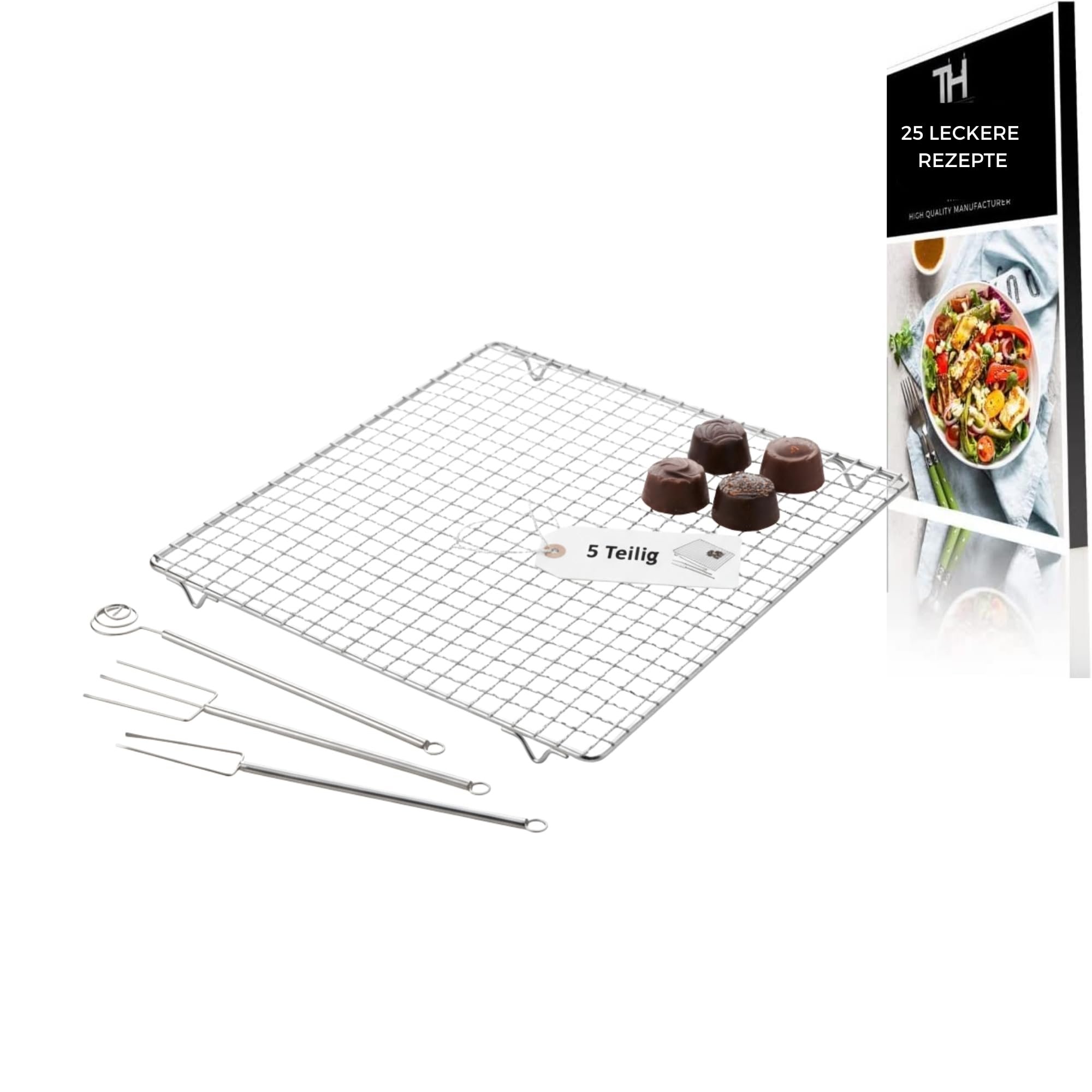 Thiru Premium Pralinen Set 5 Teilig - 100 Tage risikofrei testen - Abtropfgitter, 3 Tauchgabeln, Pralinenförmchen - DIY zum selber Machen