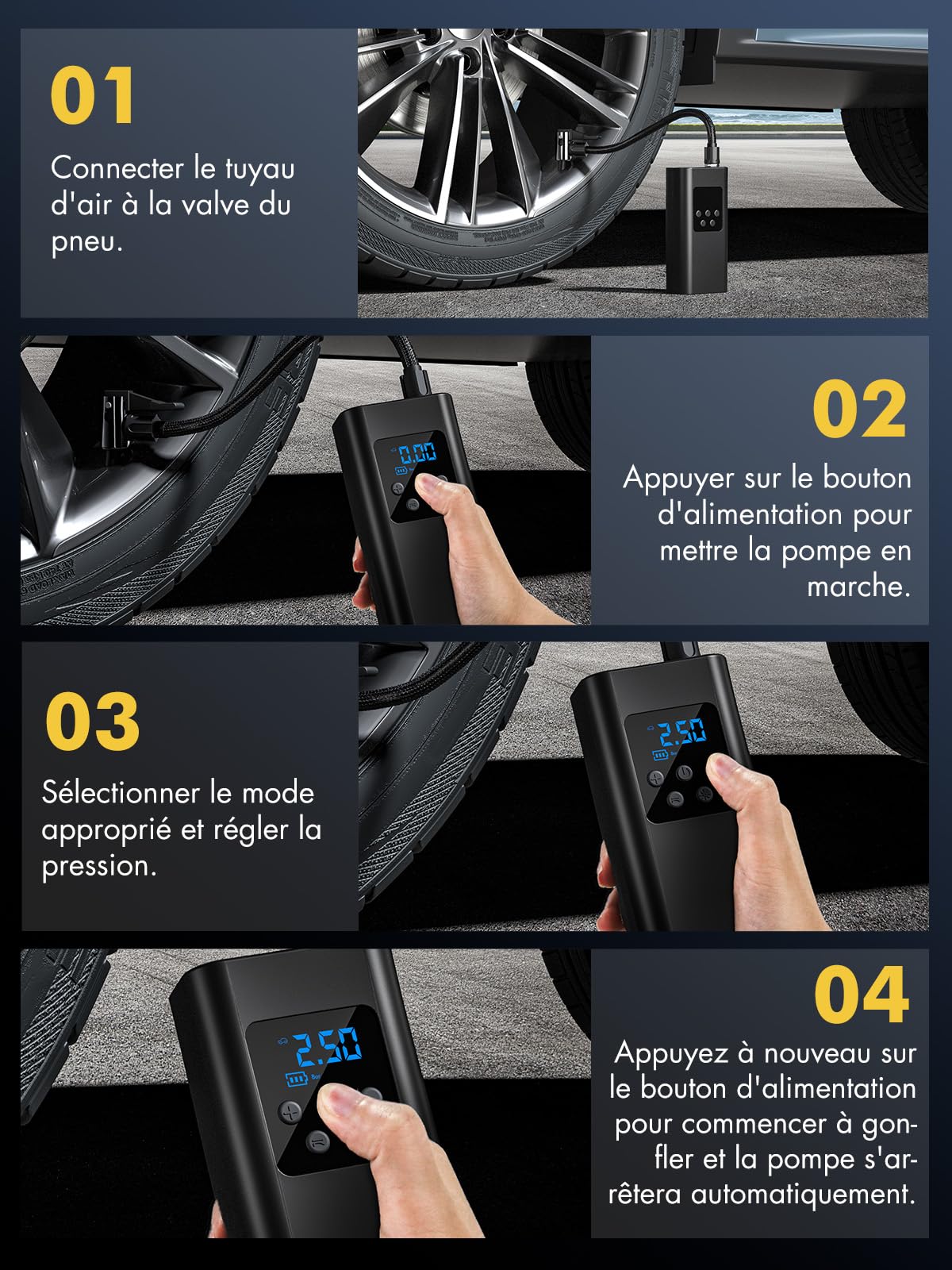 Gonfleur de pneus sans Fil, compresseur d'air Portable 45 L/Min | Pompe à air électrique avec batterie, compresseur pour voiture, moto électrique avec lumière LED, 6000 mAh, 4 modes
