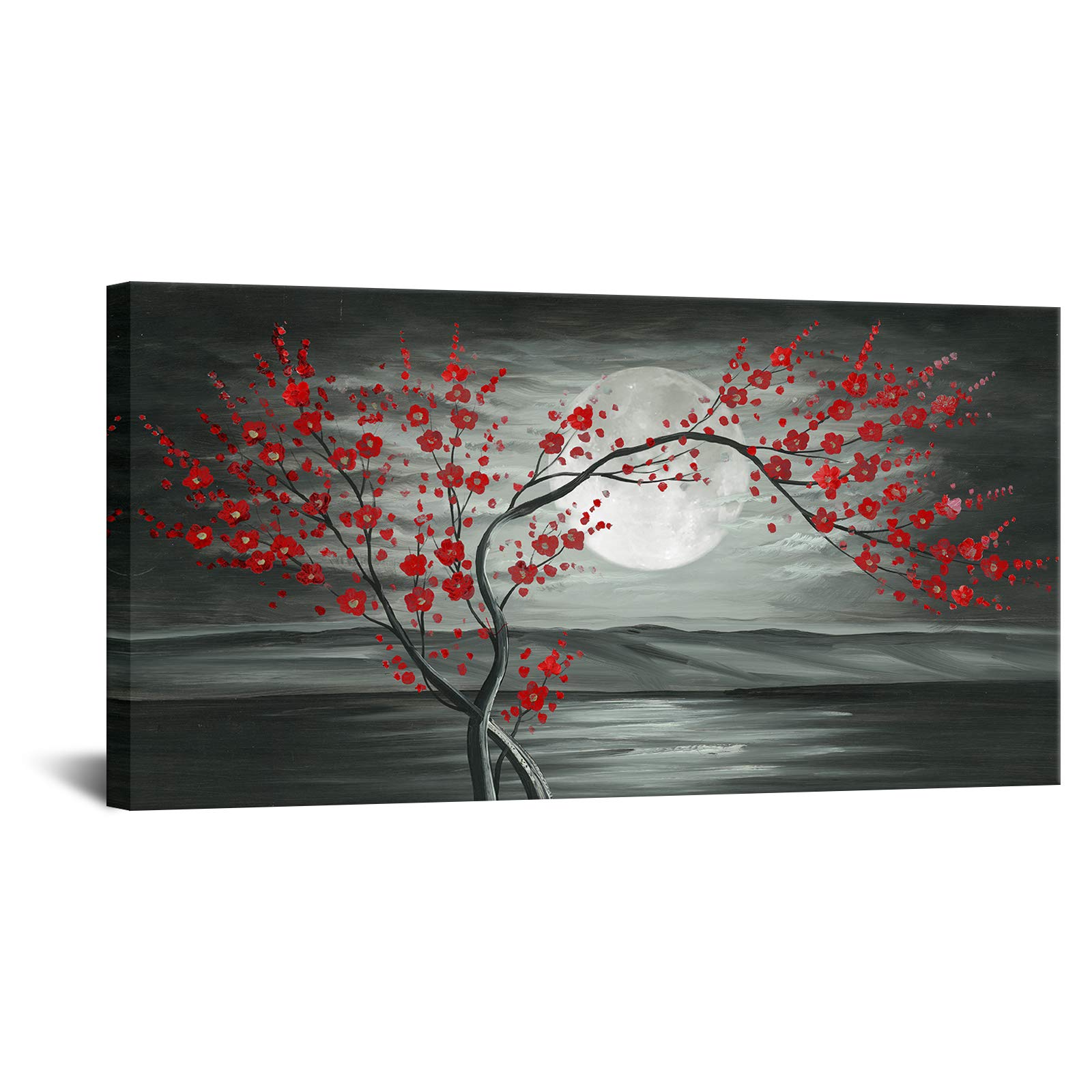 KREATIVE ARTS Large Canvas Prints Wall Art Grey and Red Plum Blossom Tree and Full Moon Landscape Contemporary Painting for Home Living Room Decorations 20x40inch (Red)