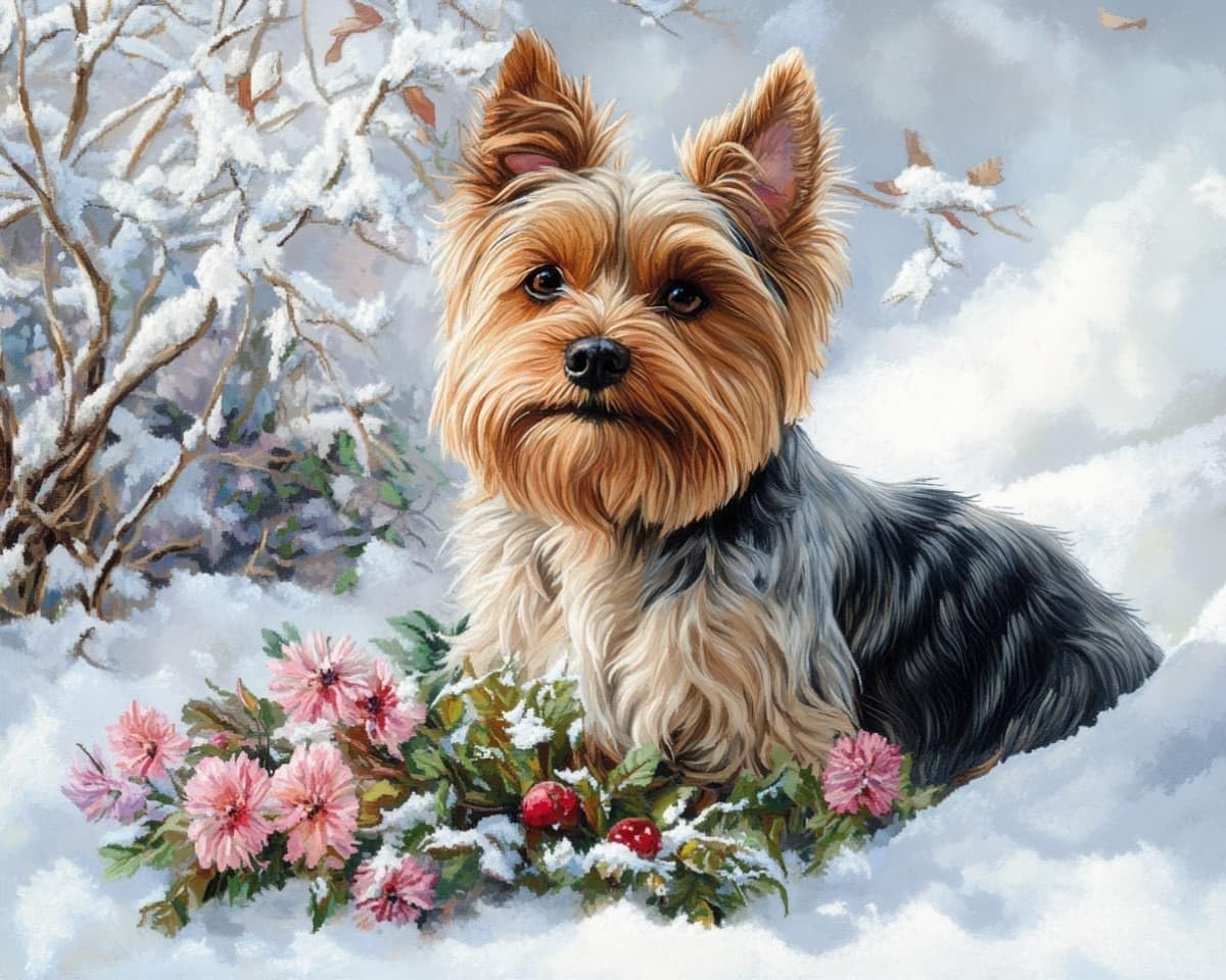 AxiangziK DIY Cross Stitch Embroidery Kit 16x20in,Yorkshire Terrier in the Snow Pre Printed Counted Cross Stitch Patterns,11CT Handmade Cushion Needlework Kit for Home Decoration & Gift