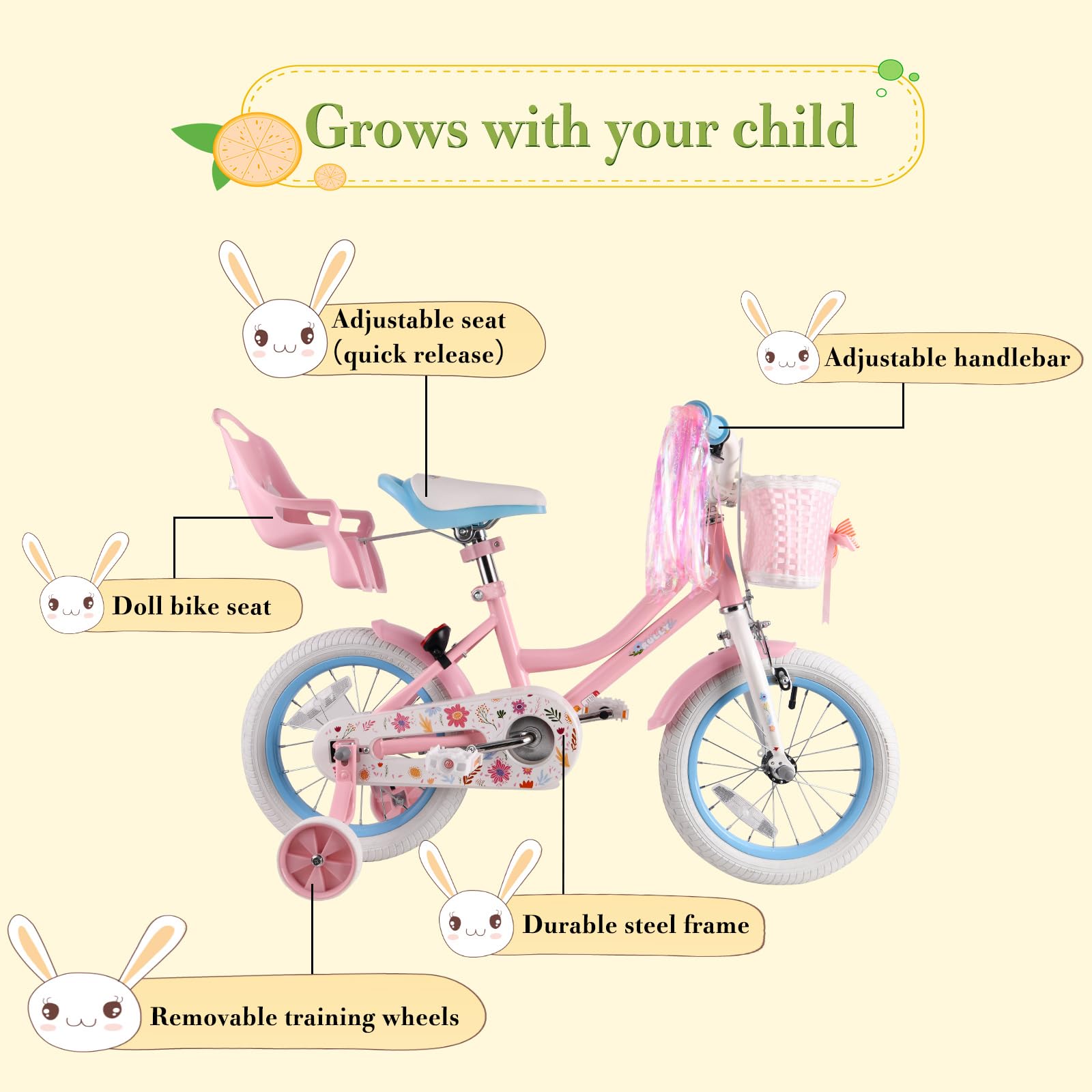 RULLY Daisy Kinderfahrrad für Mädchen von 2-7 Jahren, 12 14 16 Zoll Prinzessinnenfahrrad mit Puppensitz, Stützrädern, Korb und Streamern, Kinderfahrräder