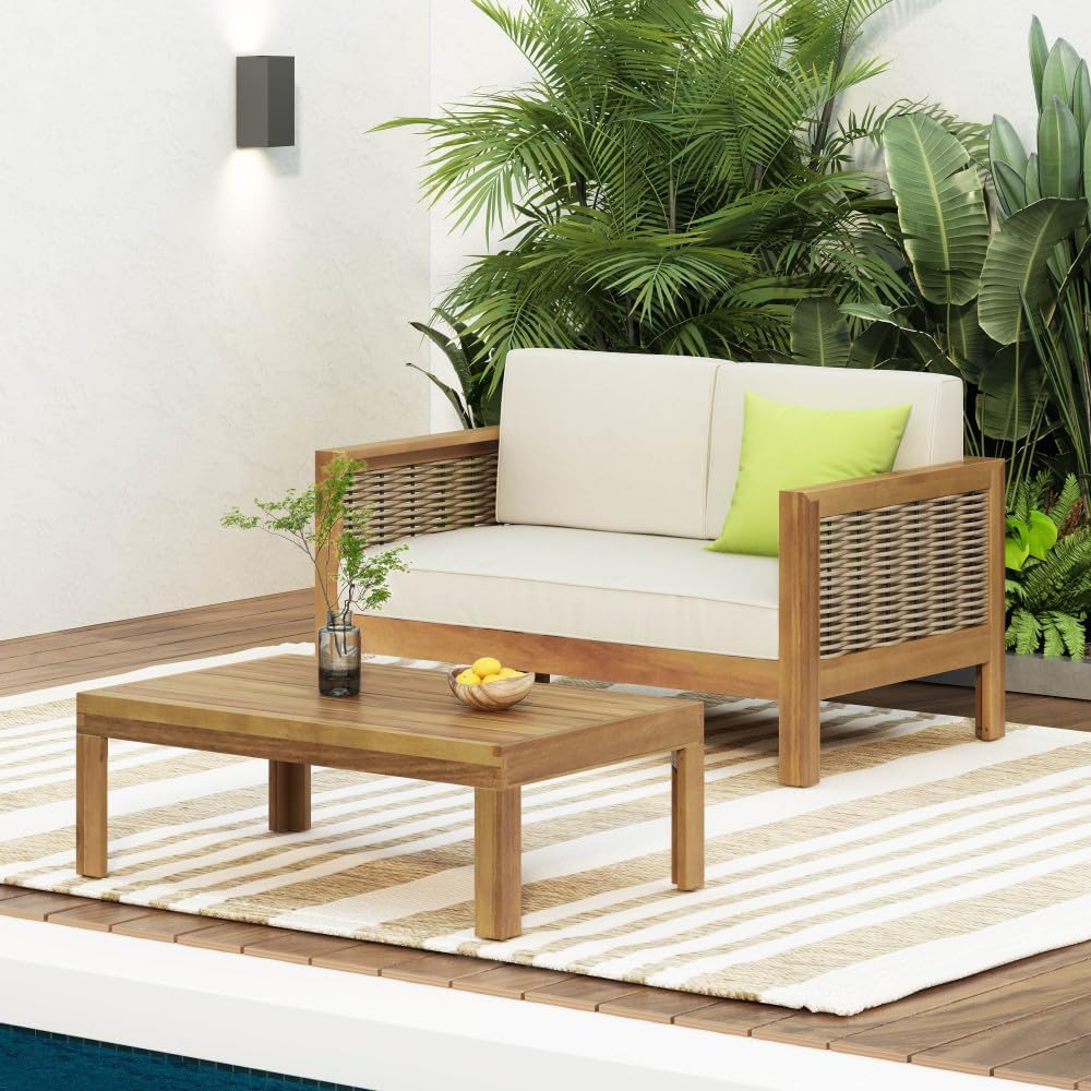 Outdoor Loveseat and Coffee Table Set with Cushions, Acacia Wood Frame and Wicker Accents for Patio or Backyard