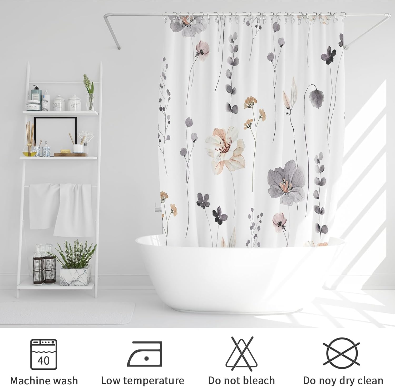 Gibelle Watercolor Floral Shower Curtain 72x72 Inch, Charcoal Grey Beige Flower Modern Minimalist Fabric Bathroom Decorative