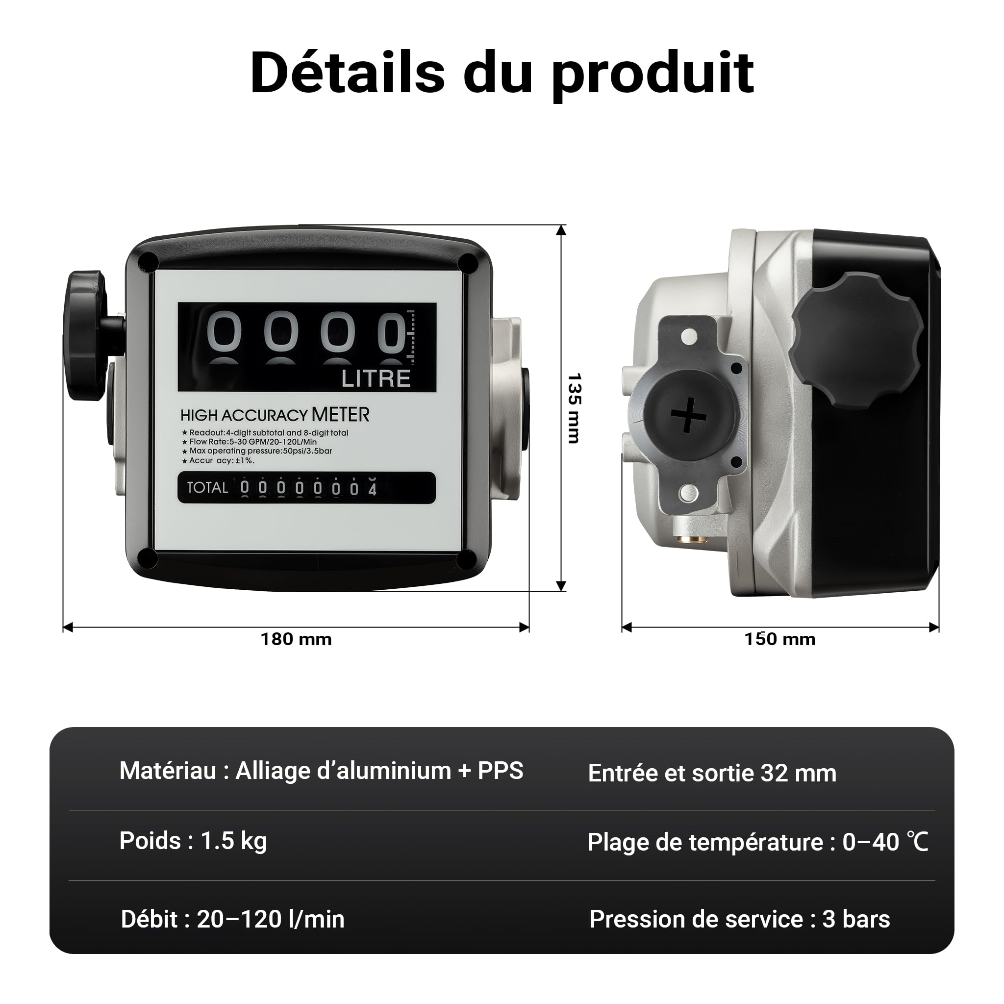 Wiltec Compteur Diesel ou fuel – 180 x 150 x 135 mm – 3,5 bars / 20-120 l/min – Raccords 1" – avec double affichage – pour pompes fioul mazout huile