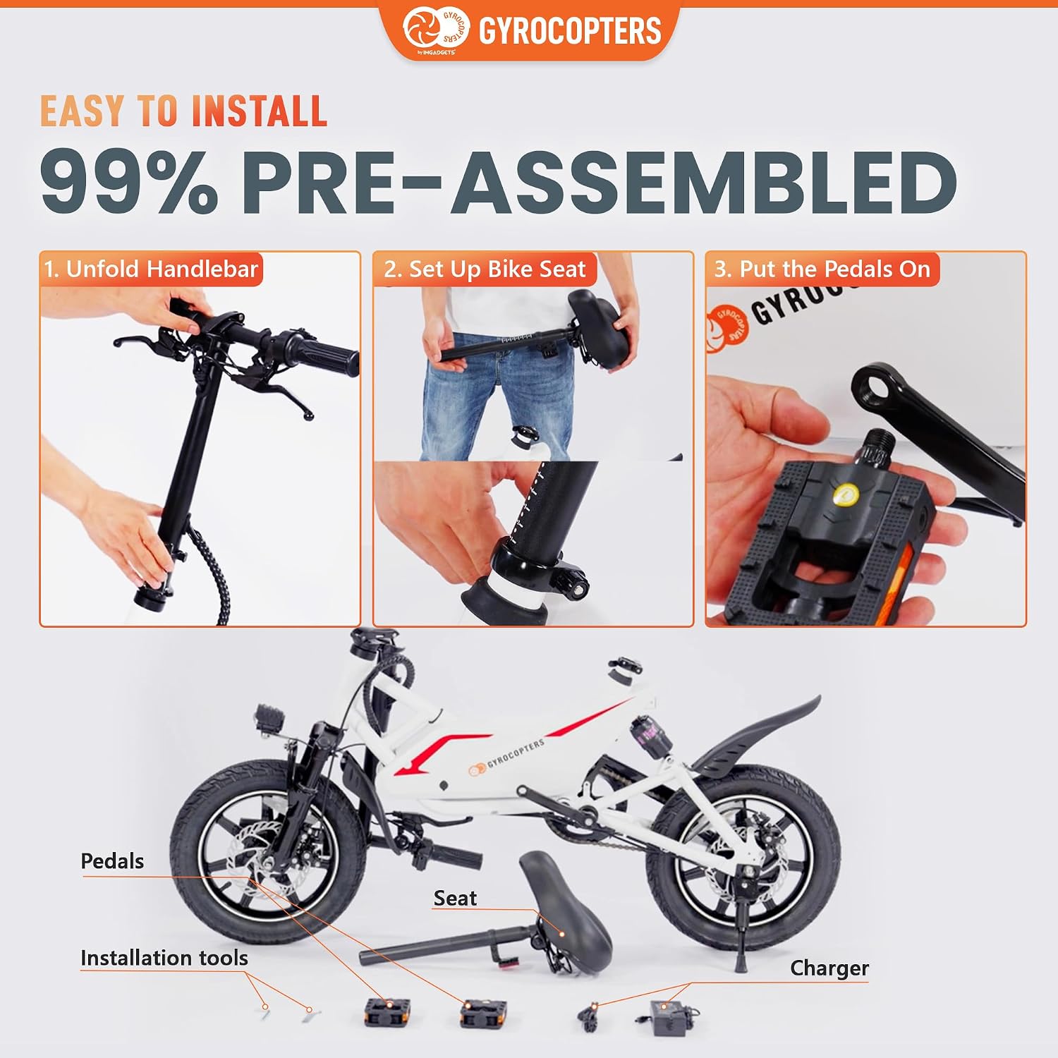 Step-by-step guide for easy installation of the GYROCOPTERS Frost Electric Bike, showing unfolding handlebar, setting up seat, and attaching pedals
