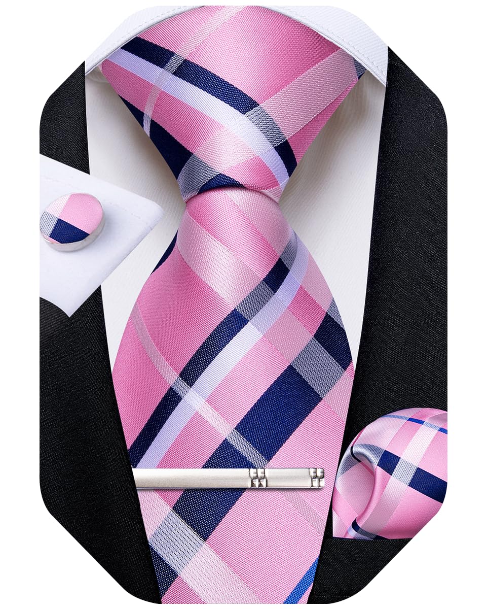 DiBanGu Mens Silk Plaid Tie and Pocket Square Set