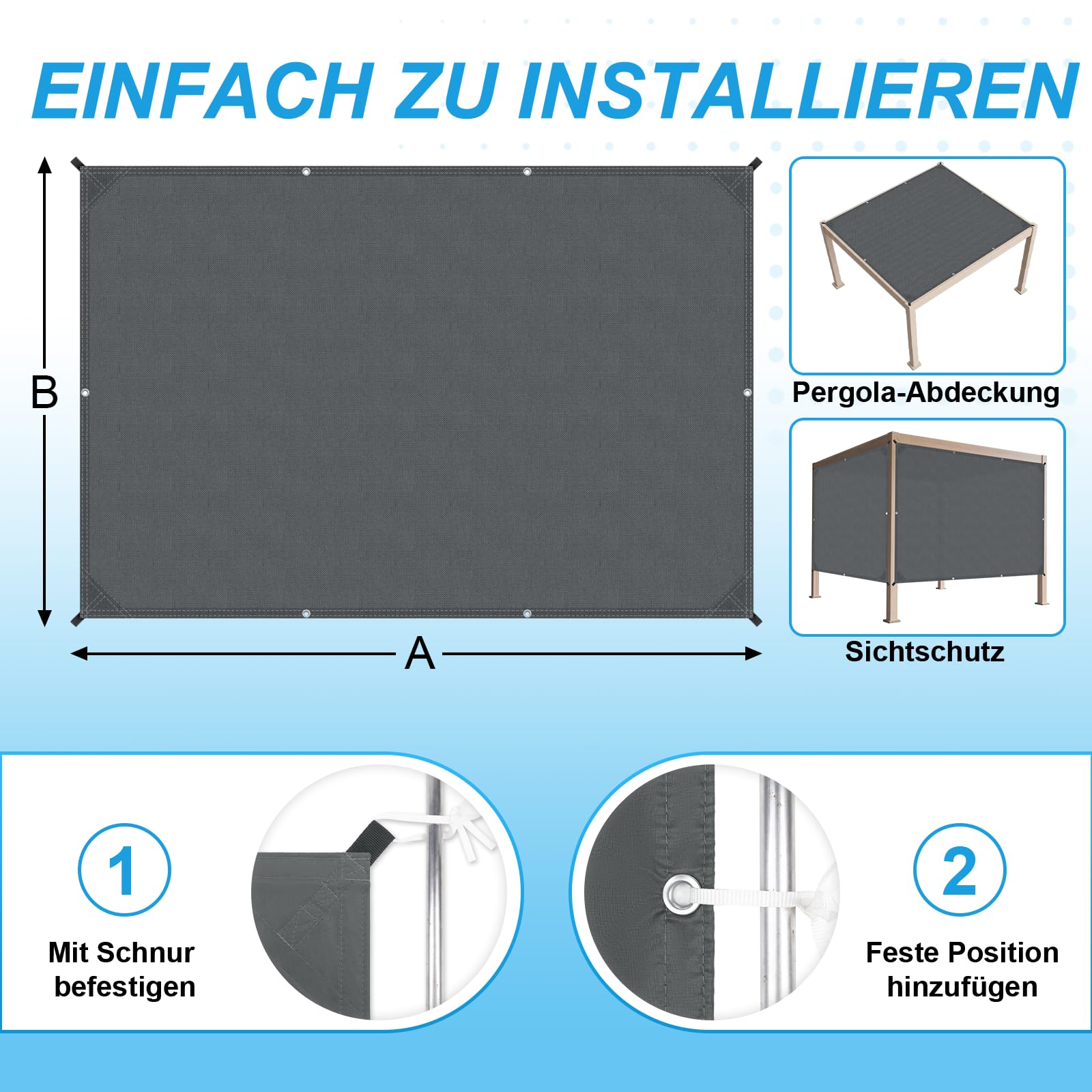 COOL AREA Sonnensegel Wasserdicht Rechteckige 1x2m mit Geraden Kanten Sonnenschutz Wetterschutz PES Polyester Segel 95% UV-Schutz Segel für Terrasse, Balkon und Garten,Anthrazit