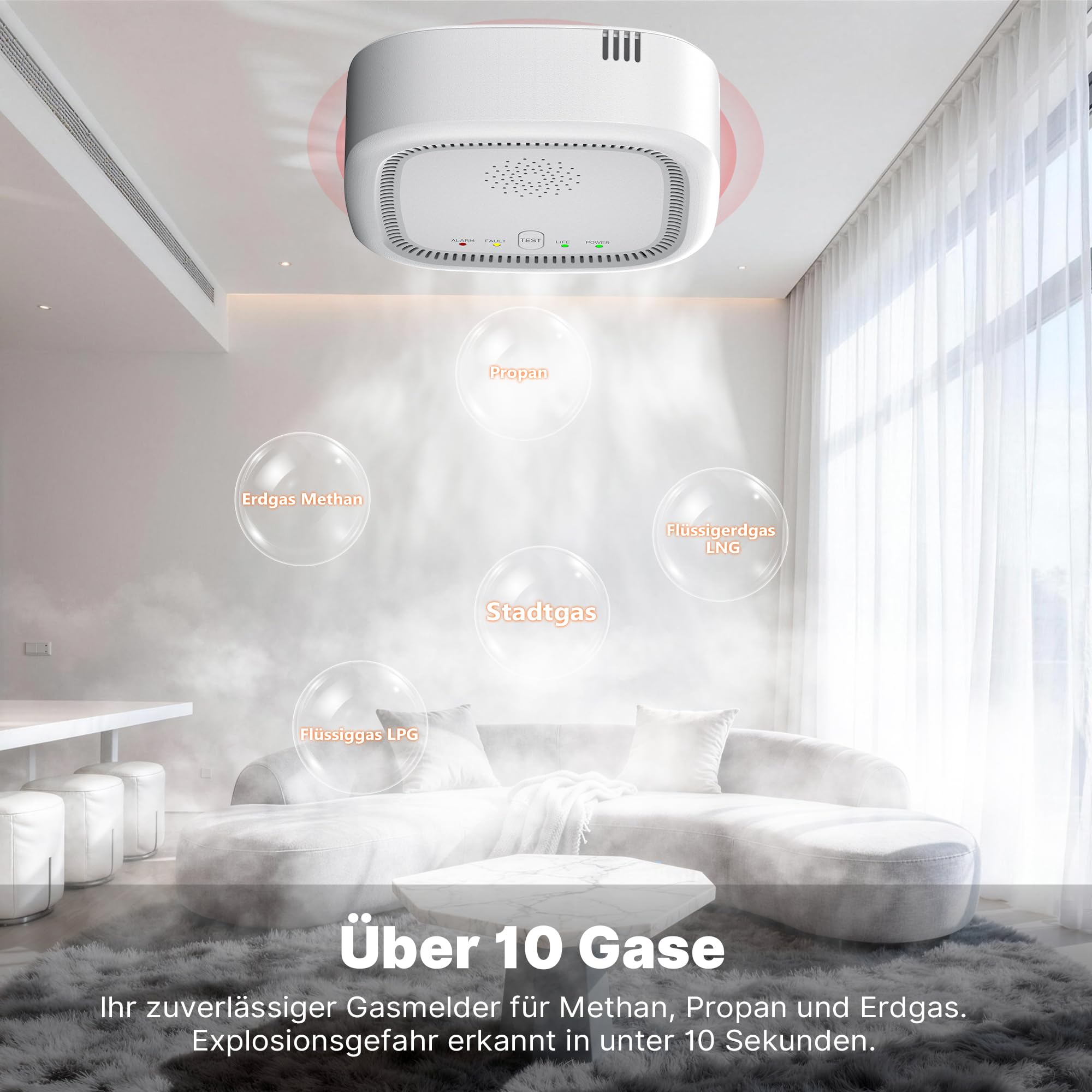 Gasmelder mit 100% Batteriebetrieben, Gaswarner für Haus Wohnmobil, Gaswarner für Erdgas LPG Methan Propan, Mit Akustischem Optischem Alarm (Batterien Nicht Enthalten)