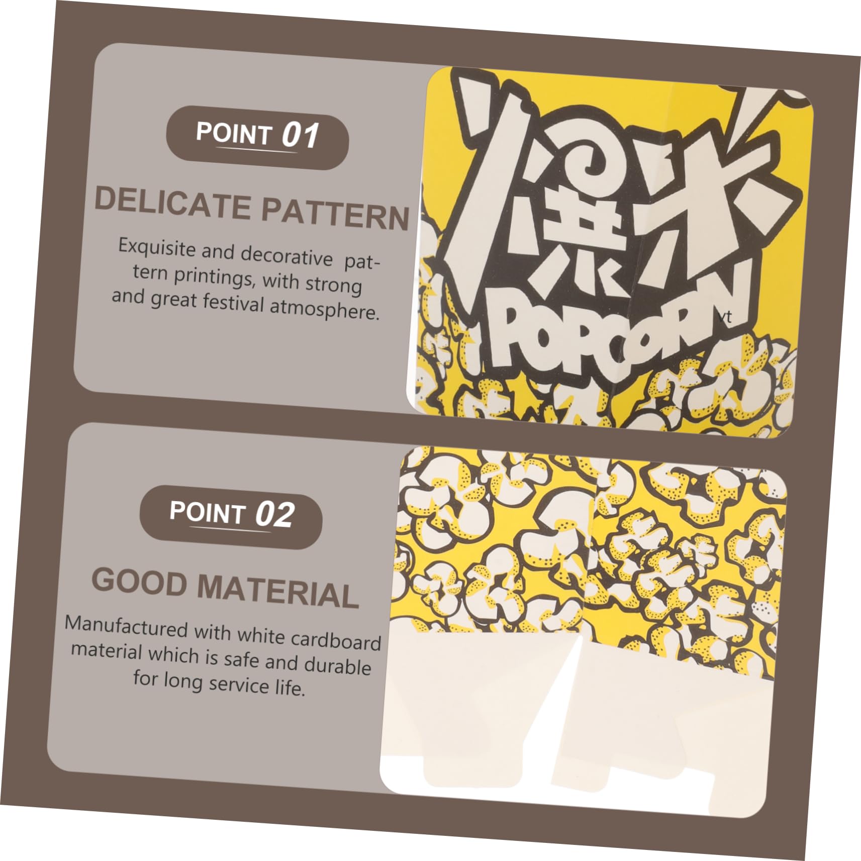 100 Stück Popcornboxen aus Papier in Gelb für Partys | Weiße Kartonqualität, für Süßwaren und Snacks, Dekorative Muster, Selbstgemacht Bäckerei und Festlichkeiten