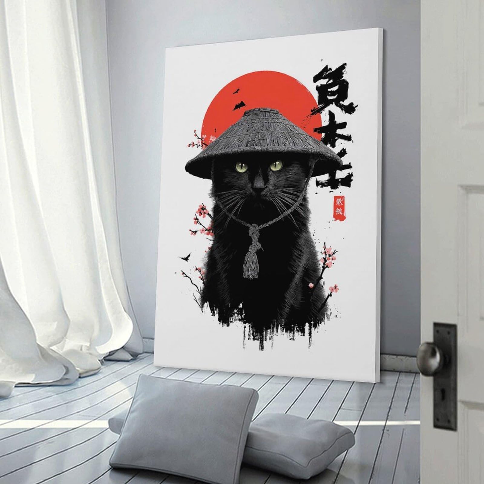 Junmoney Frame-Style-11 Samurai Cat With Asian Aesthetics Home Decor Wall Art, 20X30inch(50X75cm), For New Homes, Bedrooms Or Workspaces, Gift Idea For Housewarming And Birthdays
