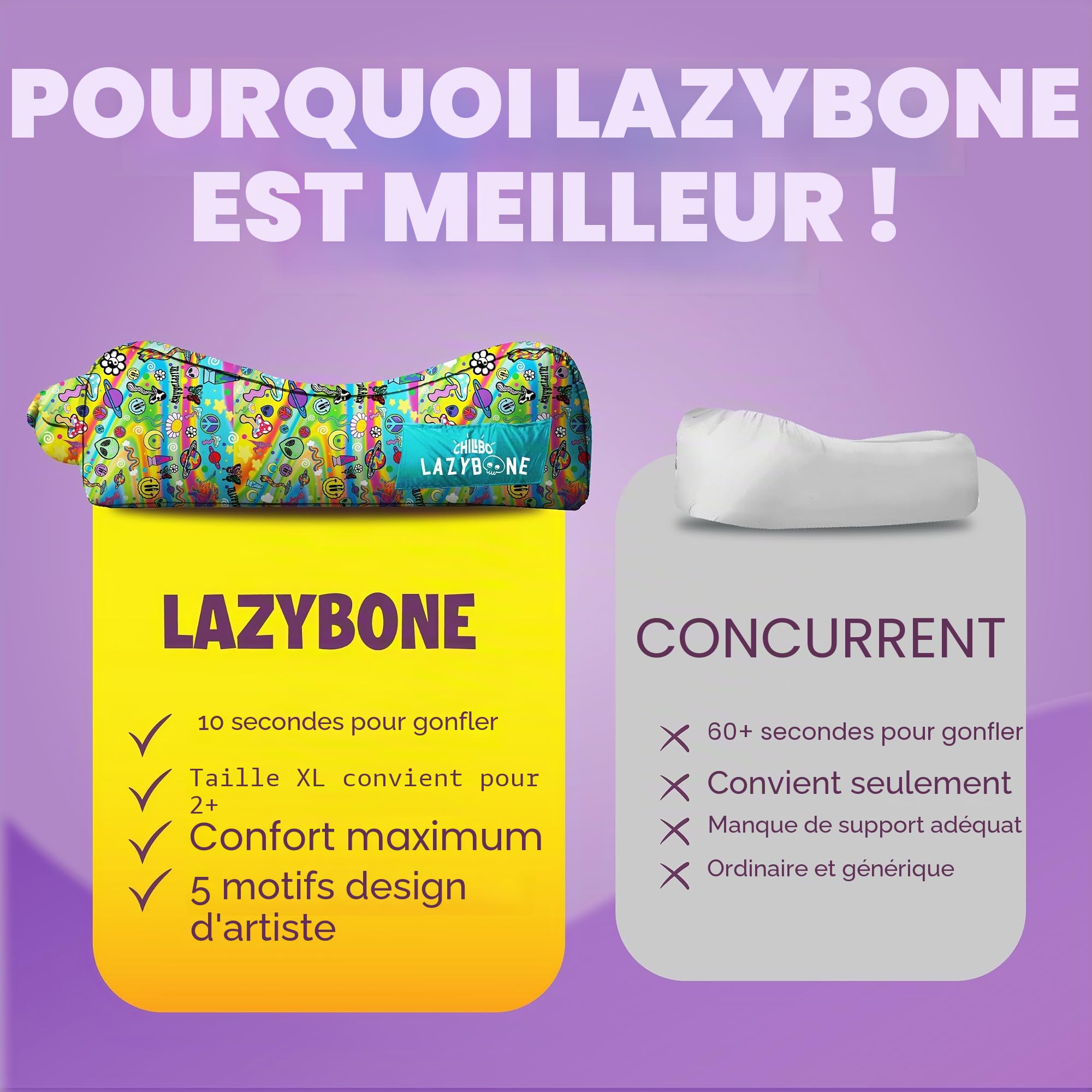Chillbo Lazybone Lounger Canapé Gonflable Unisexe, TrippyDraws, XL