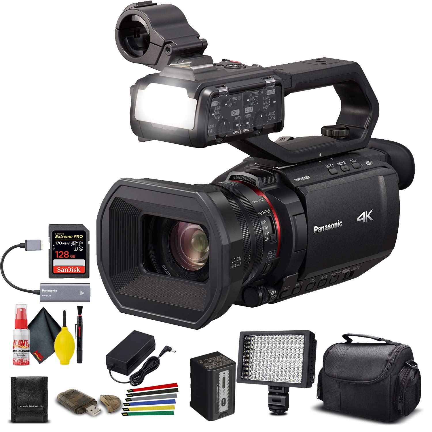 Panasonic AG-CX10 4K Camcorder + Padded Case, Sandisk Extreme Pro 128 GB Memory Card, Wire Straps, L
