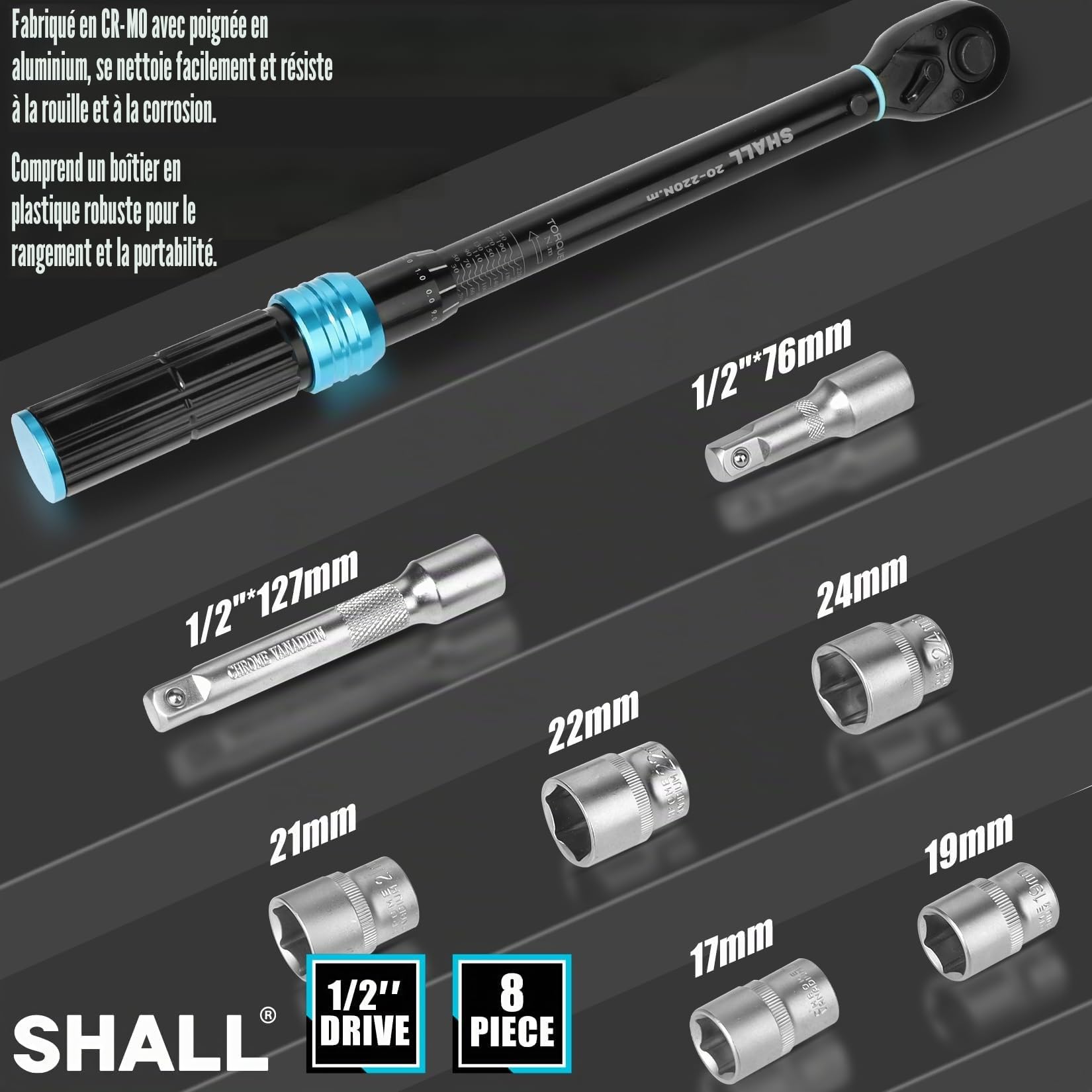 SHALL Jeu de 7 clés dynamométriques 1/2", (20-220 Nm), 72 dents réglables dans les deux sens, adaptées à l'entretien des voitures et des motos, avec rallonge et boîte de rangement