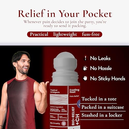 Miniatura 3 de BIO-RELIEF +CH - Rollo de alivio del dolor con 10% de metanol, altamente eficaz, fresco y tópico, alivio del dolor extra fuerte para artritis,