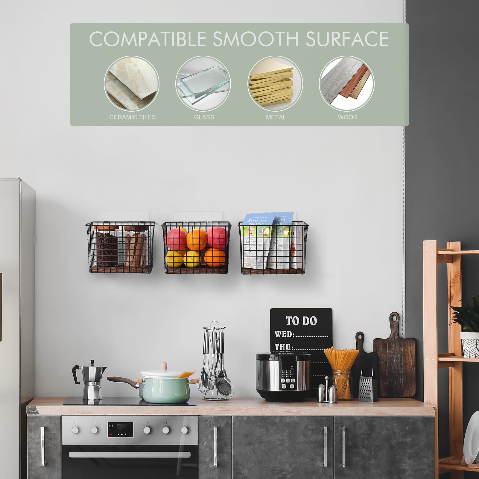 Wall Hanging Baskets 3 Pack, Large Floating Shelves Wire Basket of Wooden Style, Storage Organization for Bathroom Shower Bedroom Kitchen Dorm Office Garage, Room Wall Decor, Plant Hanging Rack