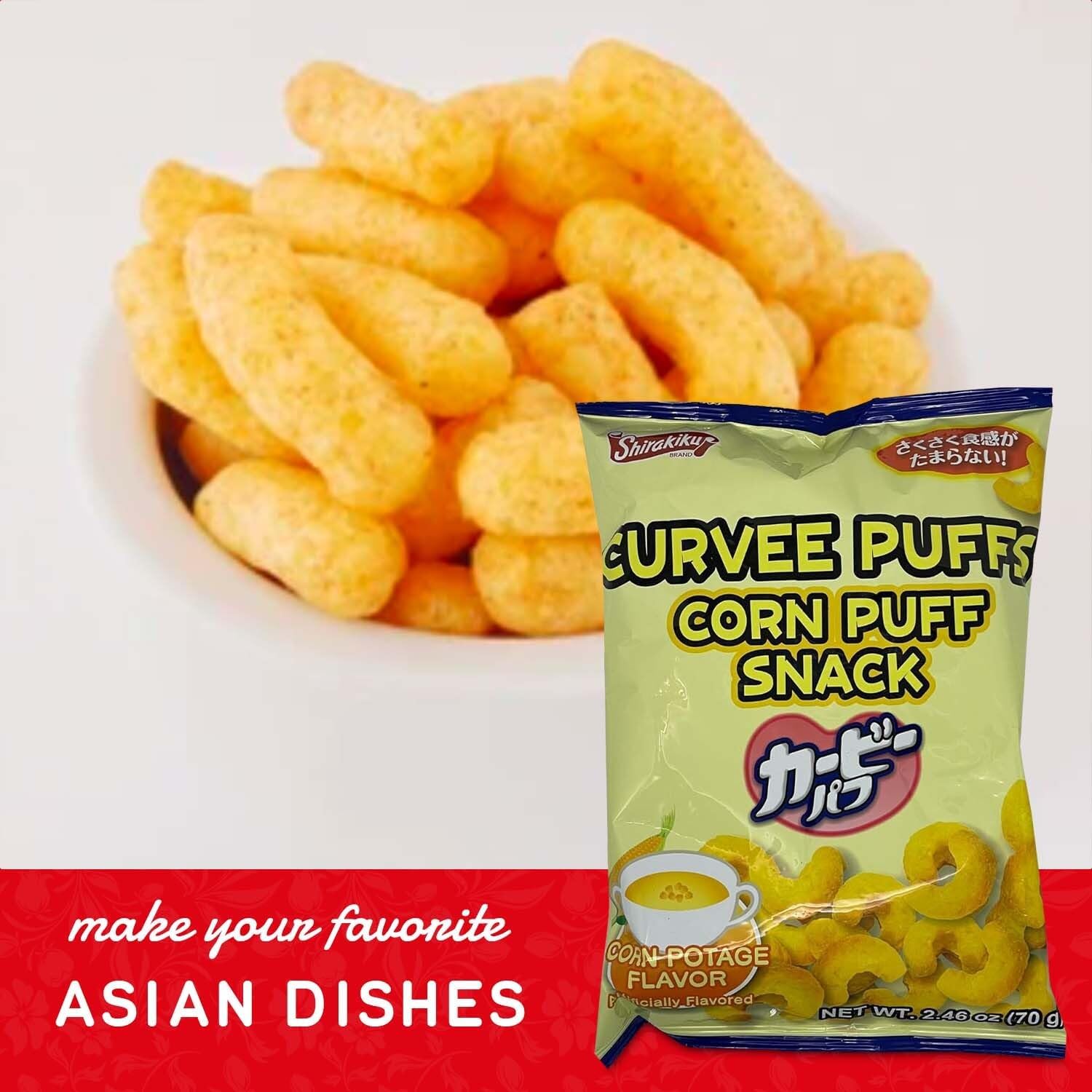 Shirakiku Curvee Corn Puff Snack | Natural and Artificial Flavor, Silicon dioxide, Palm oil, Wheat, Onion || Authentic Japanese Snacks in Cheese Flavor | 2.46 oz Pack of 2"