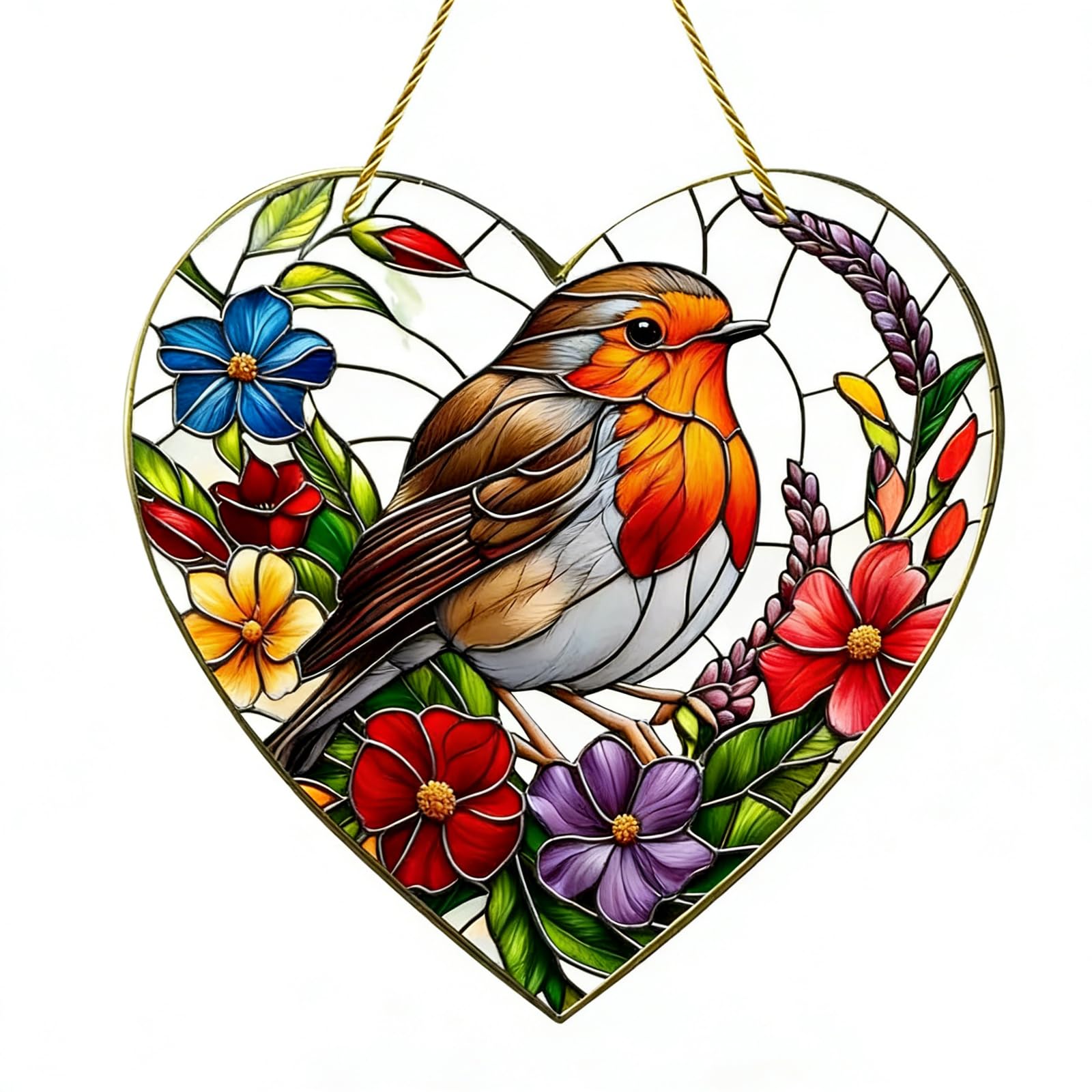 Fjdrsig Multicolored Robin Sun Catchers For Windows,20X20cm Large Heart-Shaped Robin Stained Suncatcher,Acrylic Decorative Suncatchers For Windows,Garden Hanging Ornaments,Suitable Home Garden Gift Window Decor Or Gift