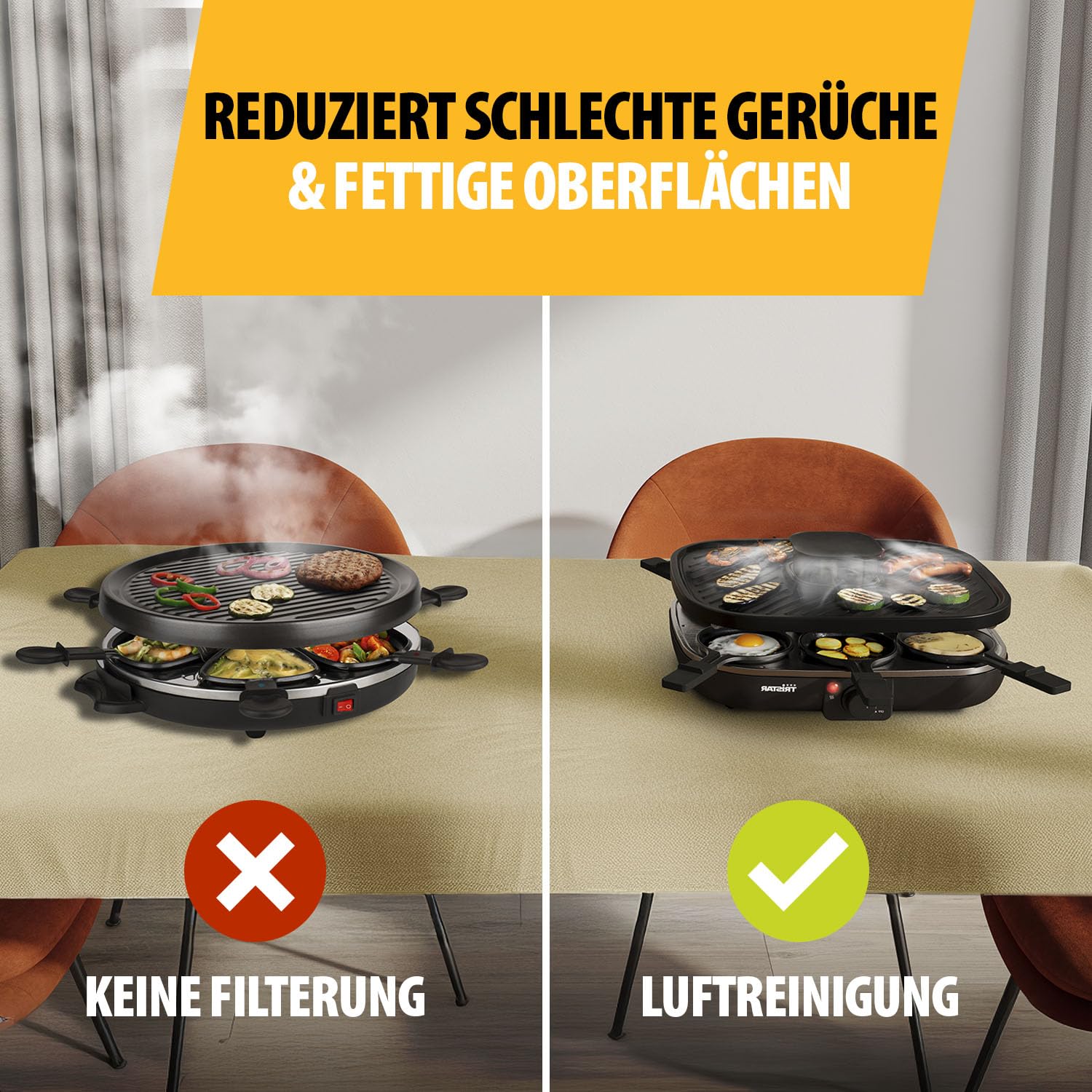 Tristar Raclette Clean Air, 1100 W, Für 6 Personen, Luftfiltersystem, Geruchsarm, Antihaft, PFAS-frei, Leicht zu Reinigen, RA-2760