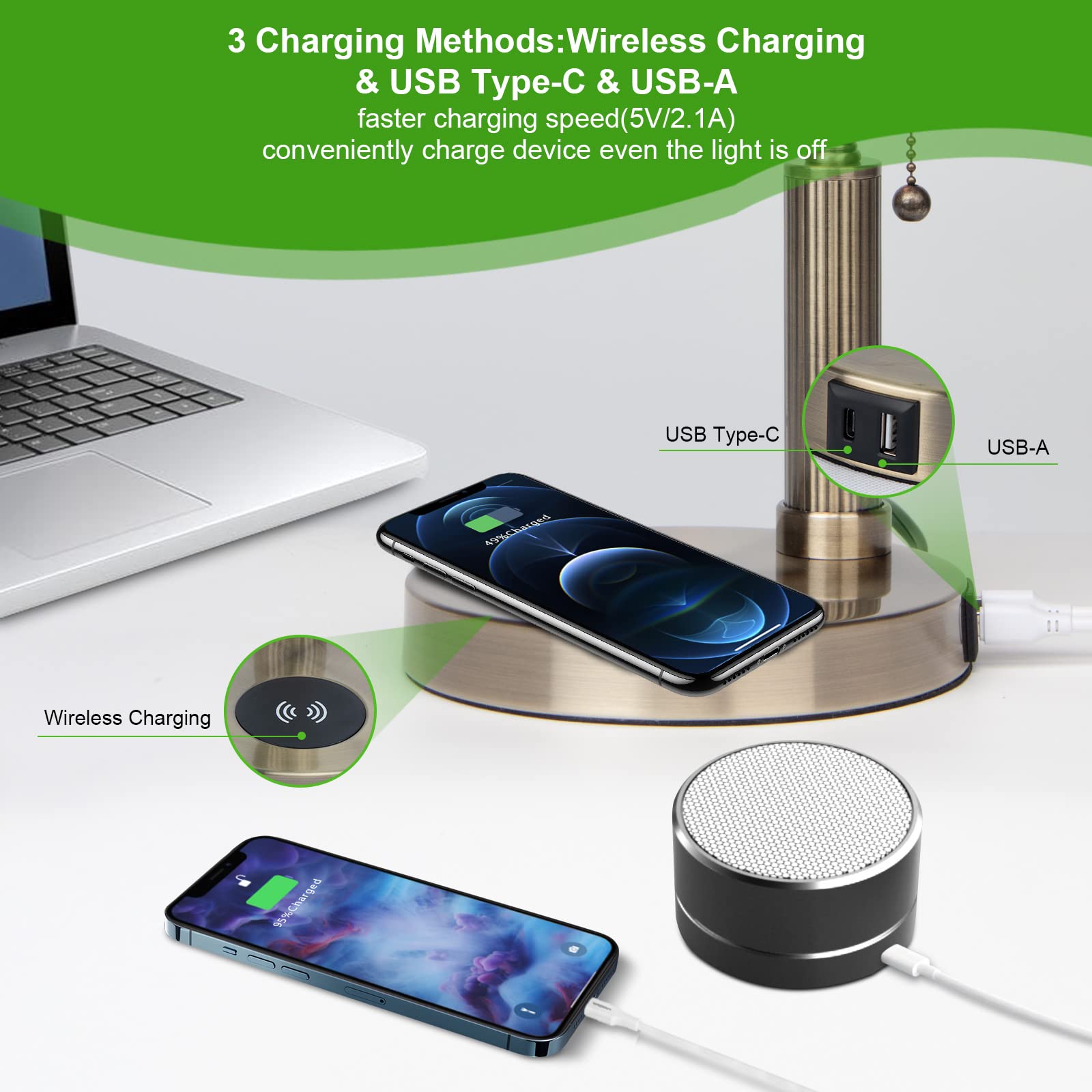 FIRVRE Lámpara de escritorio de banquero de vidrio Lámpara de mesa retro clásica tradicional con cargador inalámbrico y puerto USB Interruptor de cadena de tracción de latón de metal antiguo (Verde)