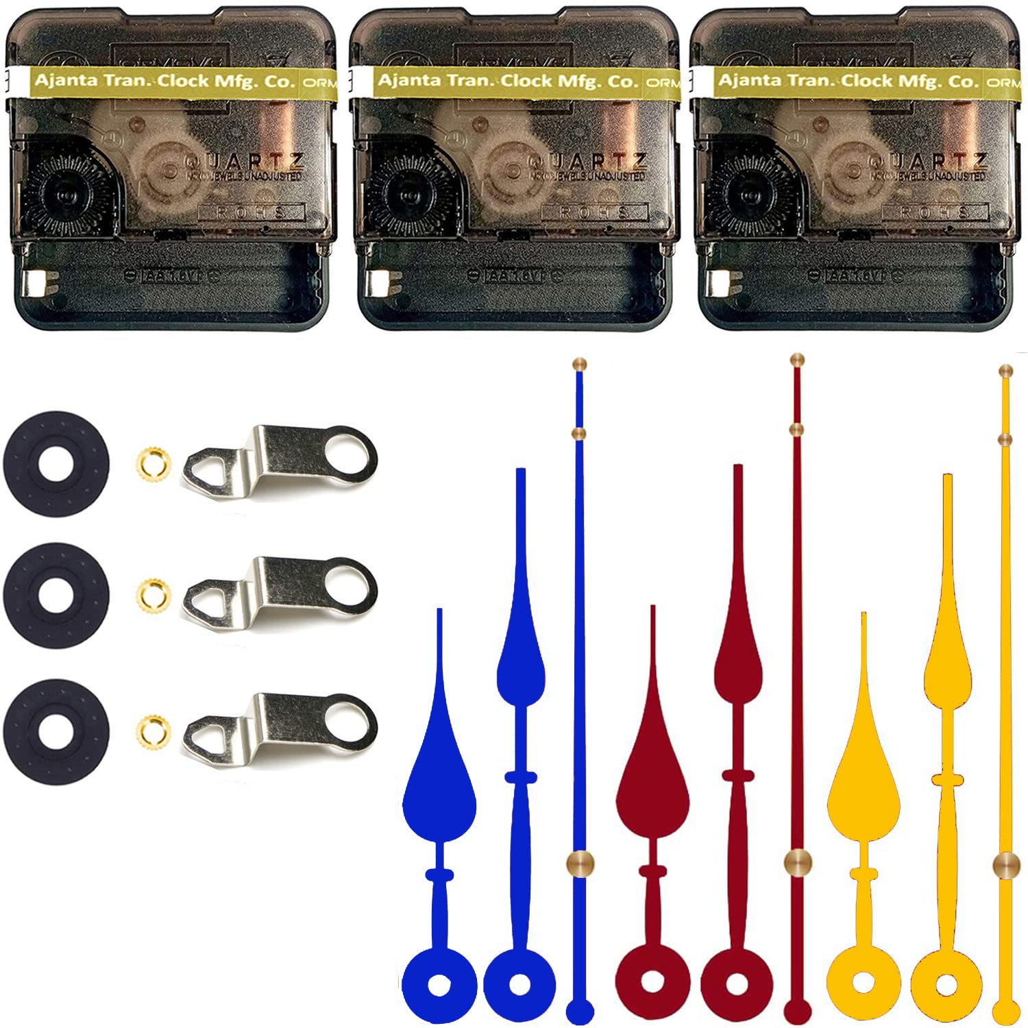 Combo of 3 Ajanta Mfg. Battery Operated Plastic Ticking Wall Clock Movement Machine with Hands (Made in India 100%) (Blue,Red,Gold)