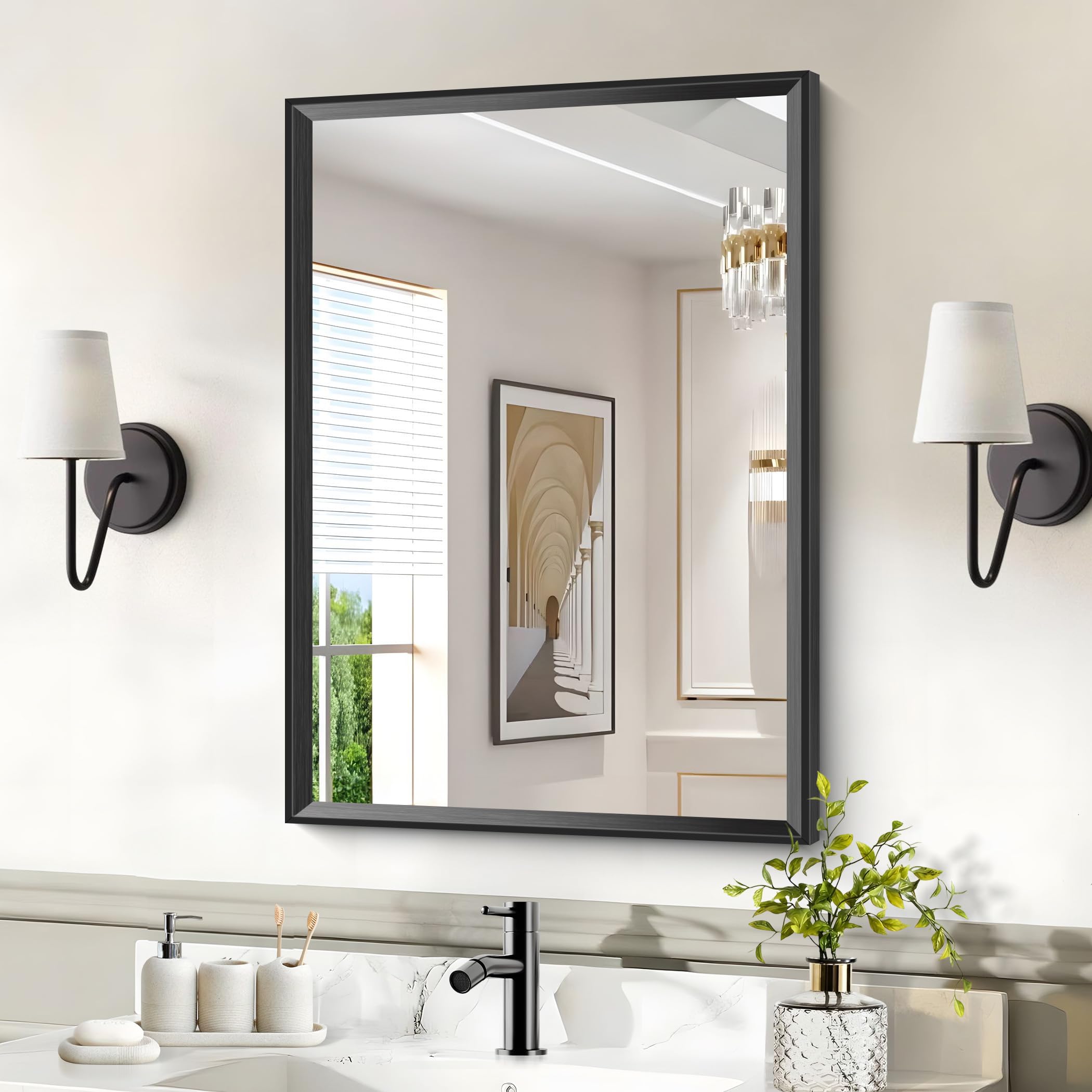 Black Mirror for Bathroom 24x30Inch Brushed Black Beveled Edge Frame Bathroom Vanity Mirrors Wall Thick Frame Rectangle Mirror