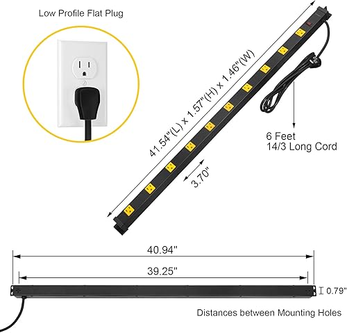 Miniatura 7 de Suraielec Regleta protectora de sobretensiones de 10 tomas de corriente, regleta industrial de metal resistente con enchufe plano, 1000 julios,