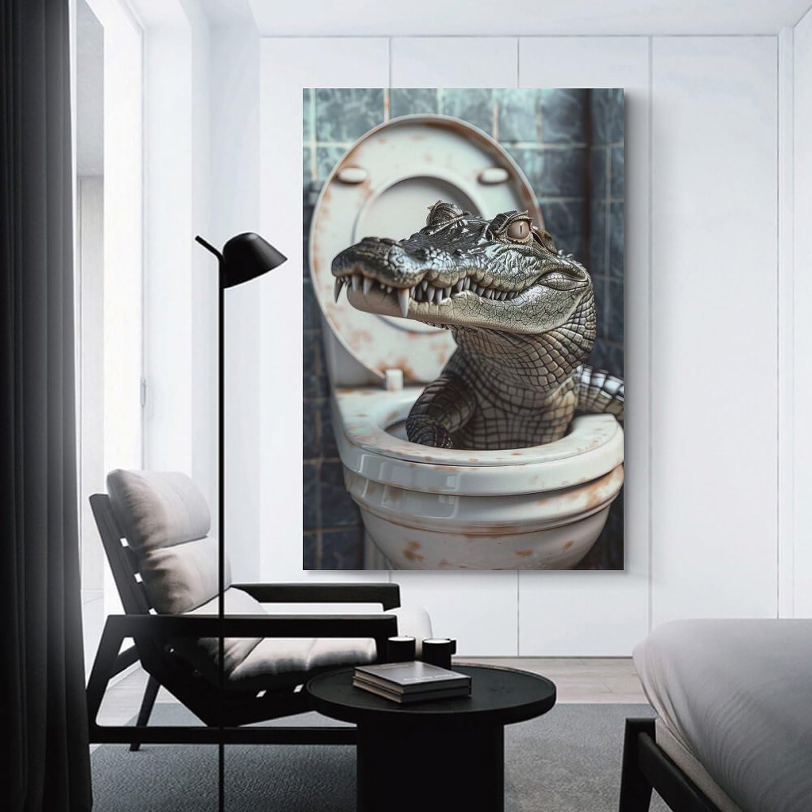 Junmoney Crocodile Alligator Toilet Wall Art Print, 24x36inch(60x90cm), for Wall Displays, Bedrooms Or Room Updates, A Versatile Canvas Print for Layering