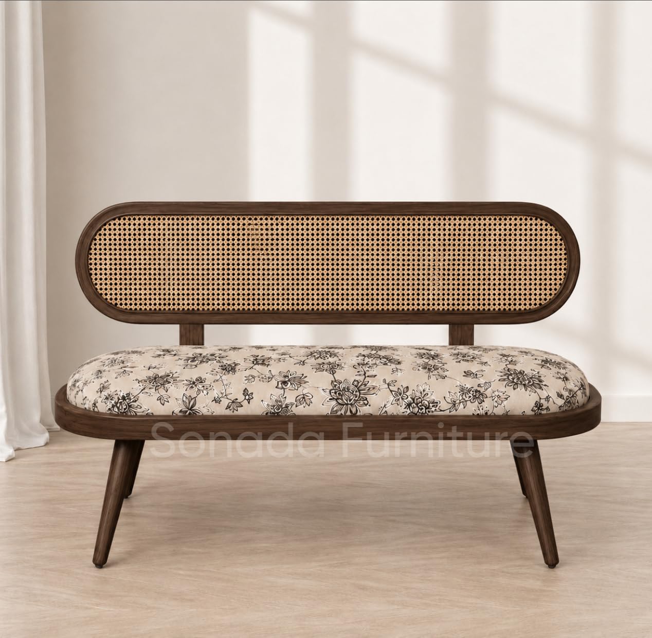 Lira Rattan Solid Wood Bench for Living Room | Wooden Cane Settees Sofa 2 Seater with Cushion Seating | Sheesham Wood Walnut Finish (White with Print, Walnut)-image-32