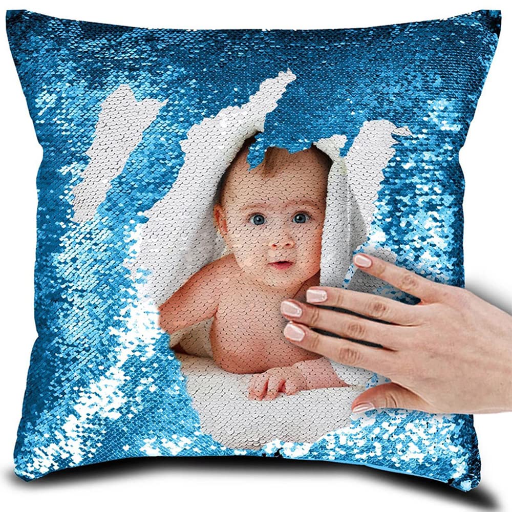 Personalized Picture Magic Reversible Custom Throw Pillowcase, DIY Design Sequin Pictures Photos, Single Side Printed, Pet, Lover & Family Photo Throw Pillow Case, 16''x16'', Lake Blue(Case Only)