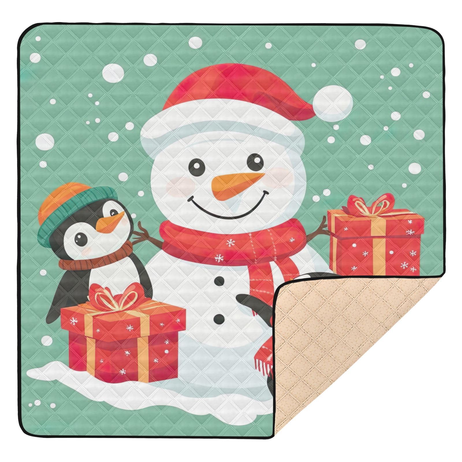 BOESI Doodle Cute Snowmen Pattern Baby Play Mat, 50“ X 50” Washable Folding Crawling Mat, Baby Floor Mat, Soft, Thick, Non-Slip