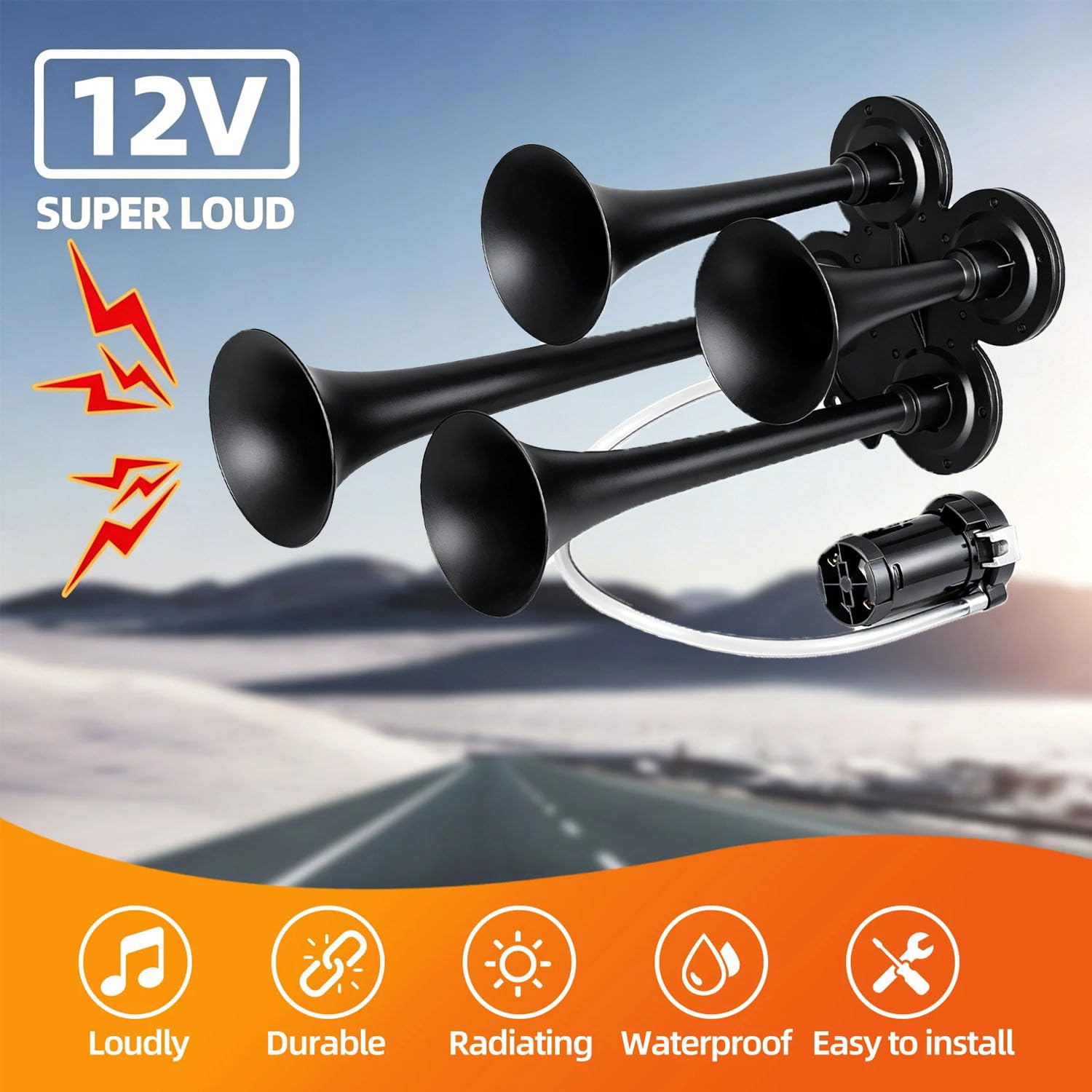 Trombe Camion,Clacson Super Rumoroso Da 150 Decibel,Tromba a 4 Tubi Con Compressore e Pompa d'Aria, Adatto a Tutti i Veicoli Da 12v Come Auto, Camion, Furgoni, Motociclette, Barche, Ecc.
