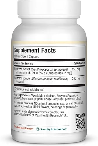 Miniatura 2 de Maxi Health Eleuthero - 0.8% Eleutherosides - Fórmula de estrés y energía - 60 cápsulas - Kosher (QSG)