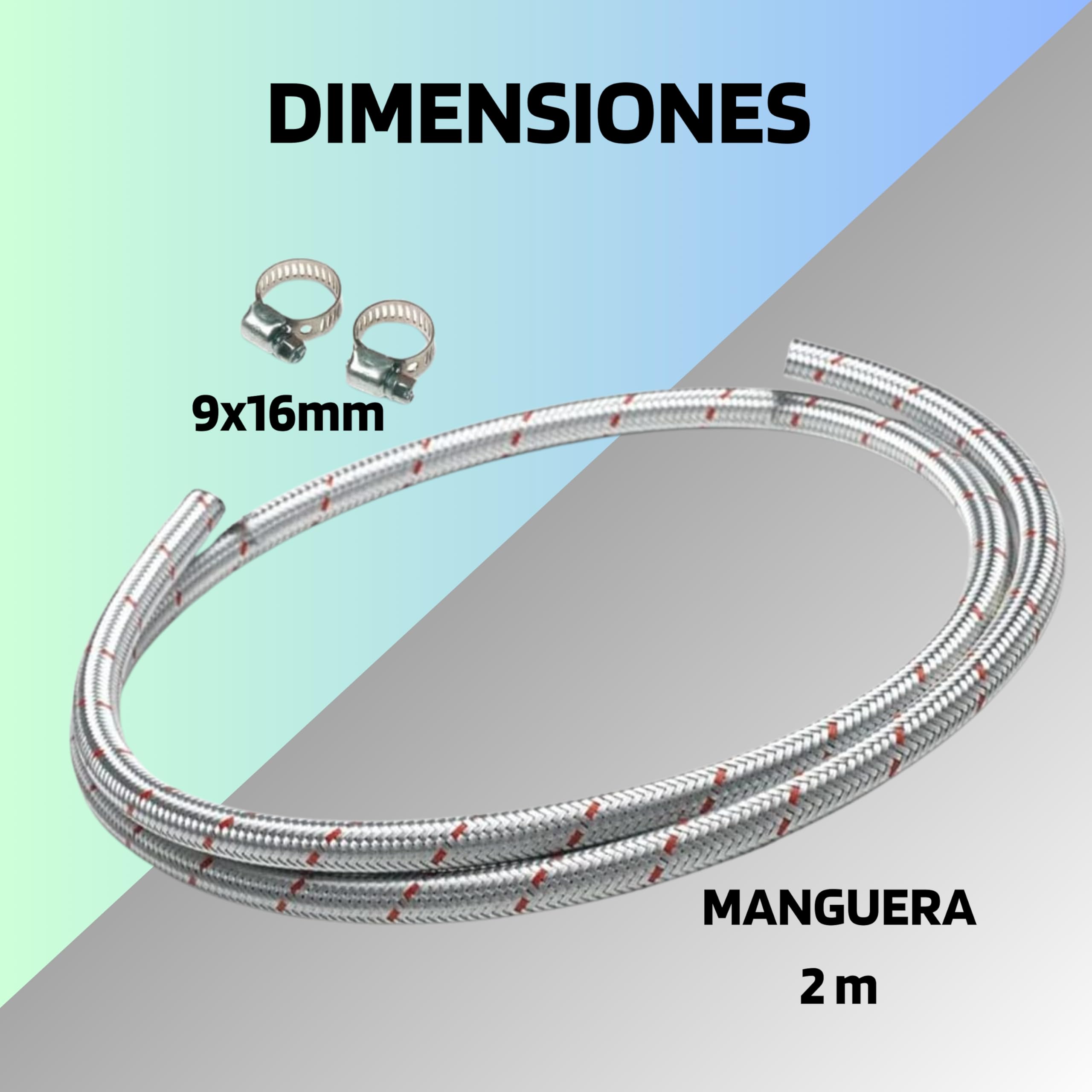 Tubo Gas Butano/Propano Trenzado Metálico 9x16mm 2 Metros - Manguera Blindada Acero para Conexión de Reguladores y Aparatos de Consumo, Apta para Gases Butano y Propano, Ideal para Instalaciones Domés