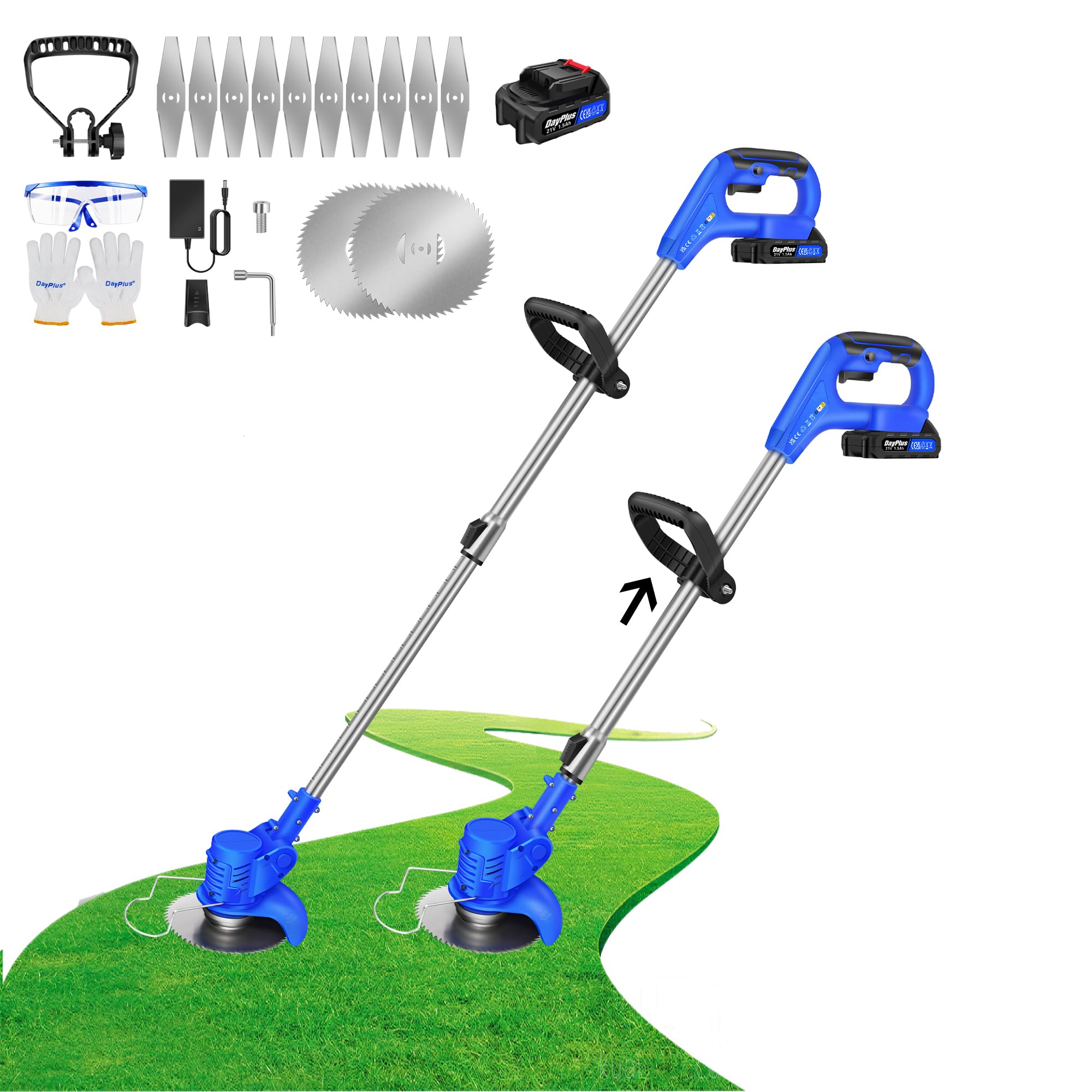 Cortacésped Eléctrico Li-Ion 21 V 15.5cm Ancho de Corte 10000 RPM Motor Giratorio y basculante Cabezal Ajustable (36"-50") y Eje telescópico con 2 baterías y Cargador
