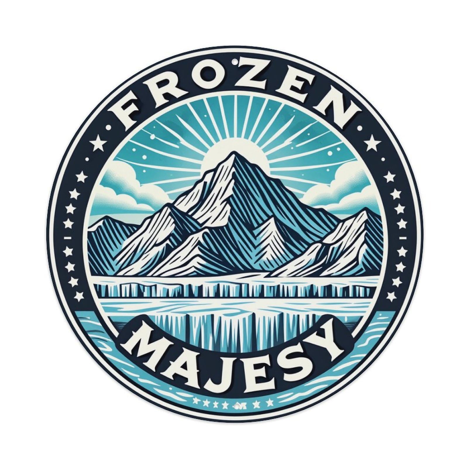 Frozen Mountain Landscape Emblem Design Round Tin Sign Vintage Metal Poster, Home Bar Garage Man Cave Cafe Indoor & Outdoor Wall Decoration 8x8Inches