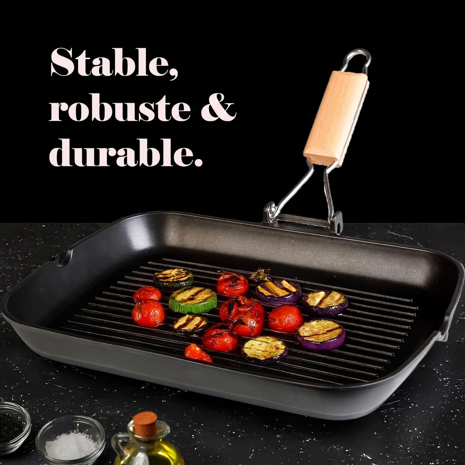 WECOOK! Ecostone Poêle à Griller Induction Ondulé, 34 x 24 cm, Antiadhésive ILAG Écologique sans PFOA, Fonte d'Aluminium, Épaisseur 5 mm, Poignée en Bois Pliable, Vitrocéramique, Gaz