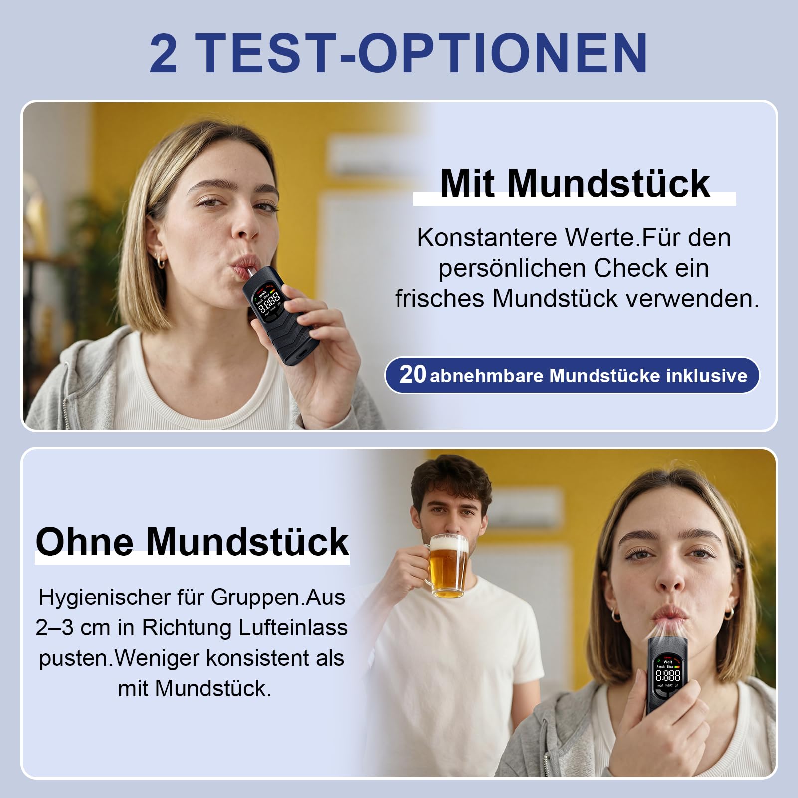 Alkoholtester Atemalkoholtester mit USB-C Akku, Farb-LCD, Halbleiter-Sensor, 20 Mundstücken, tragbares Promillemessgerät für Auto, Zuhause, Party und Reise (Schwarz)