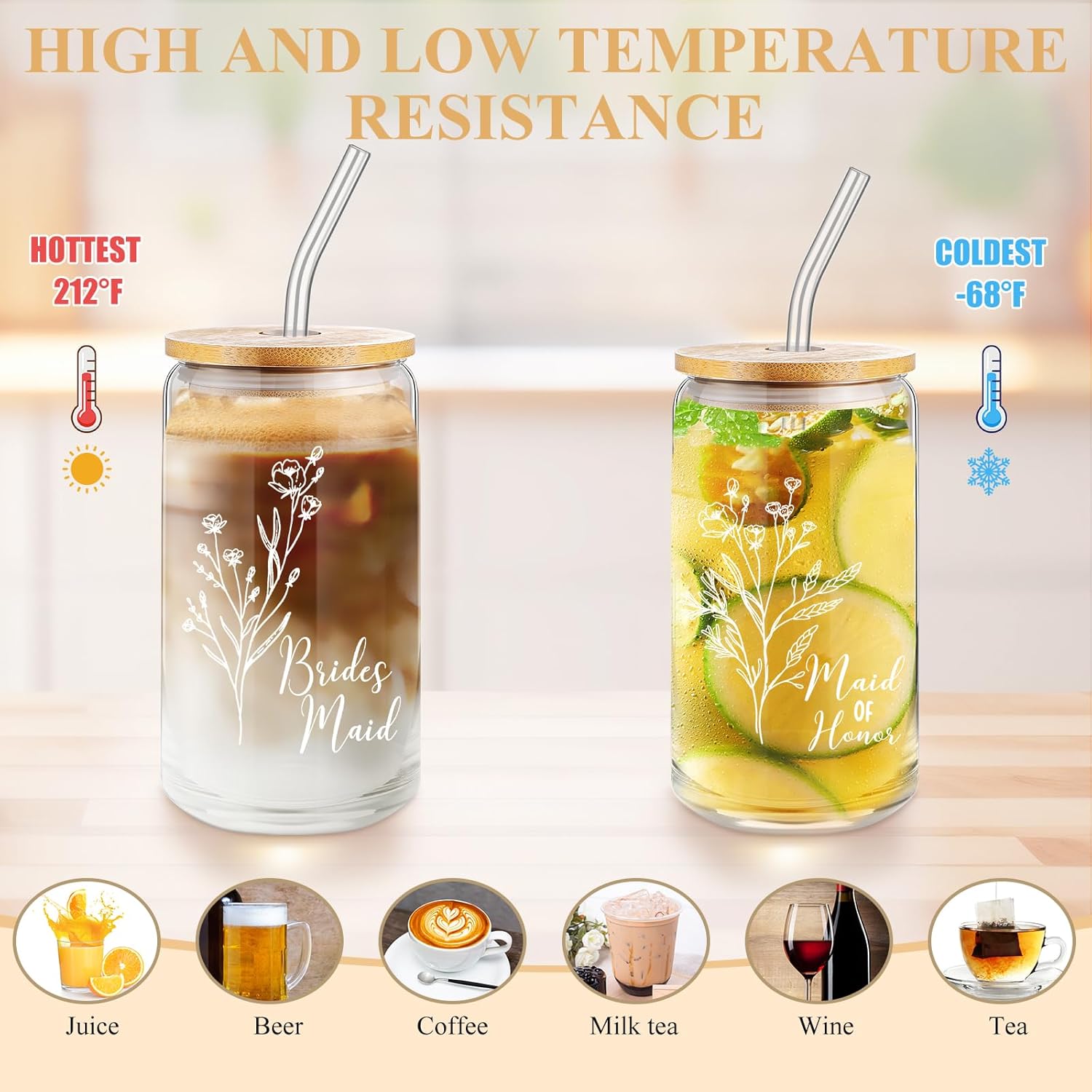 Layhit 3 Pcs Bridesmaid Gifts Bridesmaid Proposal Gifts 16 Oz Cute Can Shaped Drinking Glasses with Bamboo Lids and Glass Straw Iced Coffee Cup Mason Jar Cups for Engagement Wedding Bridal - Image 3