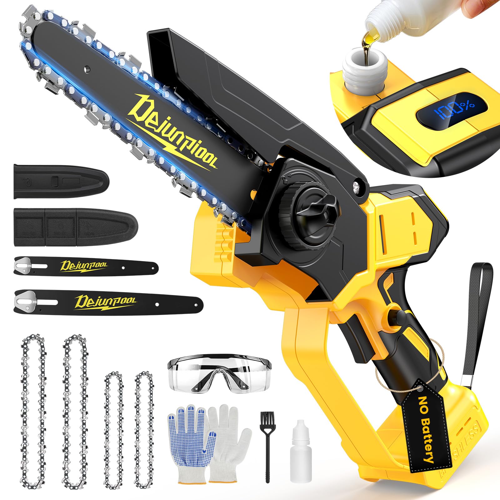 cordless mini chainsaw compatible with dewalt 20v max battery, 6 inch & 8 inch small electric chainsaw brushless, 2x 6'' + 2x 8'' chains, auto oiler, handheld pruning tree saw (tool only)